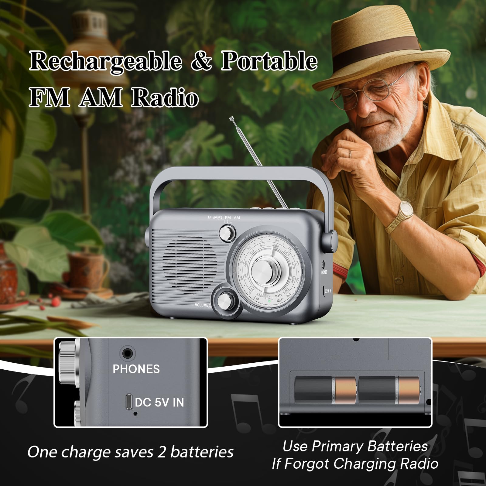 Tragbares Bluetooth AM FM Radio Vintage Kurzwelle mit wiederaufladbarem Akku USB TF-Karte für MP3, Stereo-Kopfhörerausgang