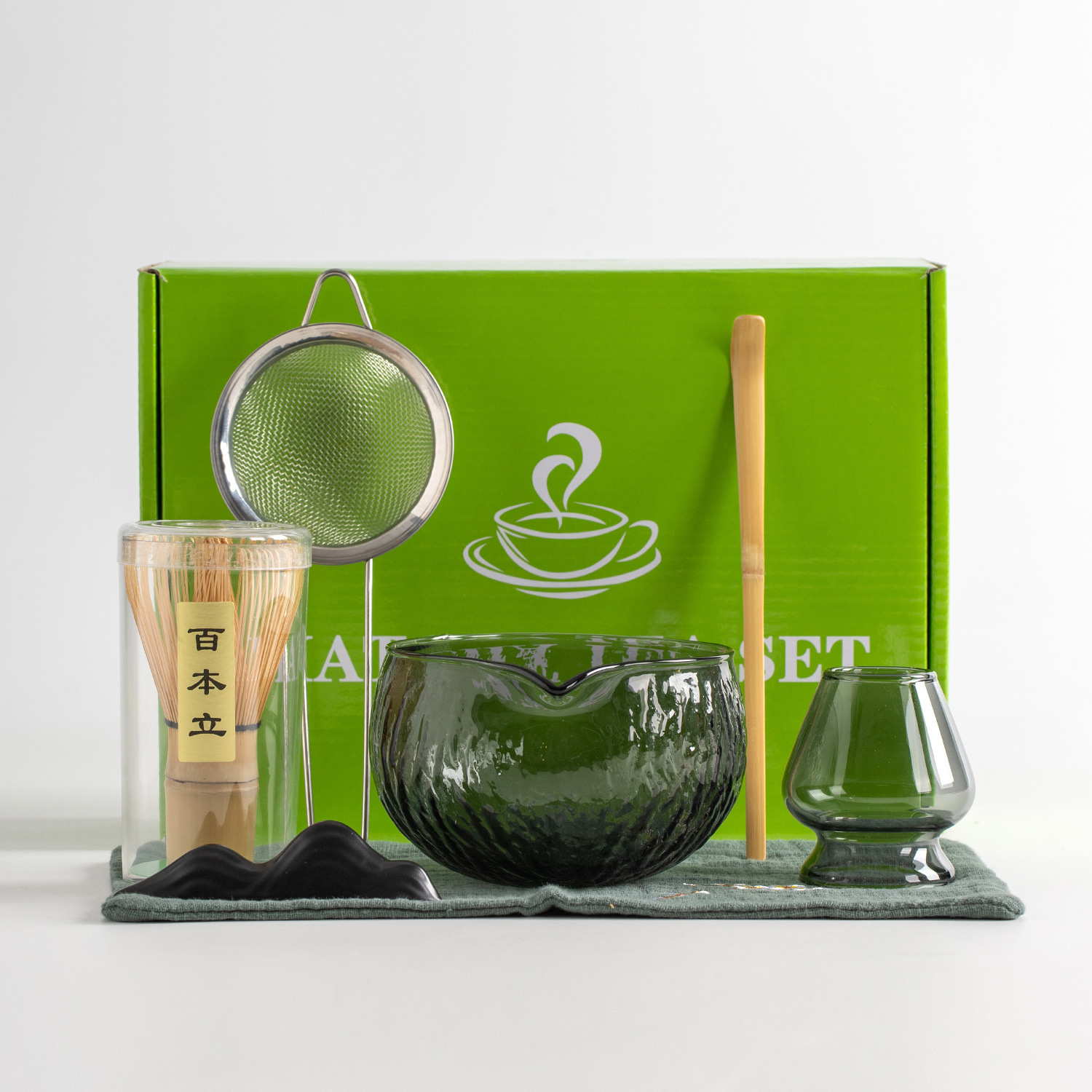 Japanisches Teeset 7-teiliges Matcha-Besen Set Matcha-Schale mit Ausguss Bambus-Matcha-Besen Schaufel Matcha-Besenhalter Tee-Herstellungsset Schwarz GLASS