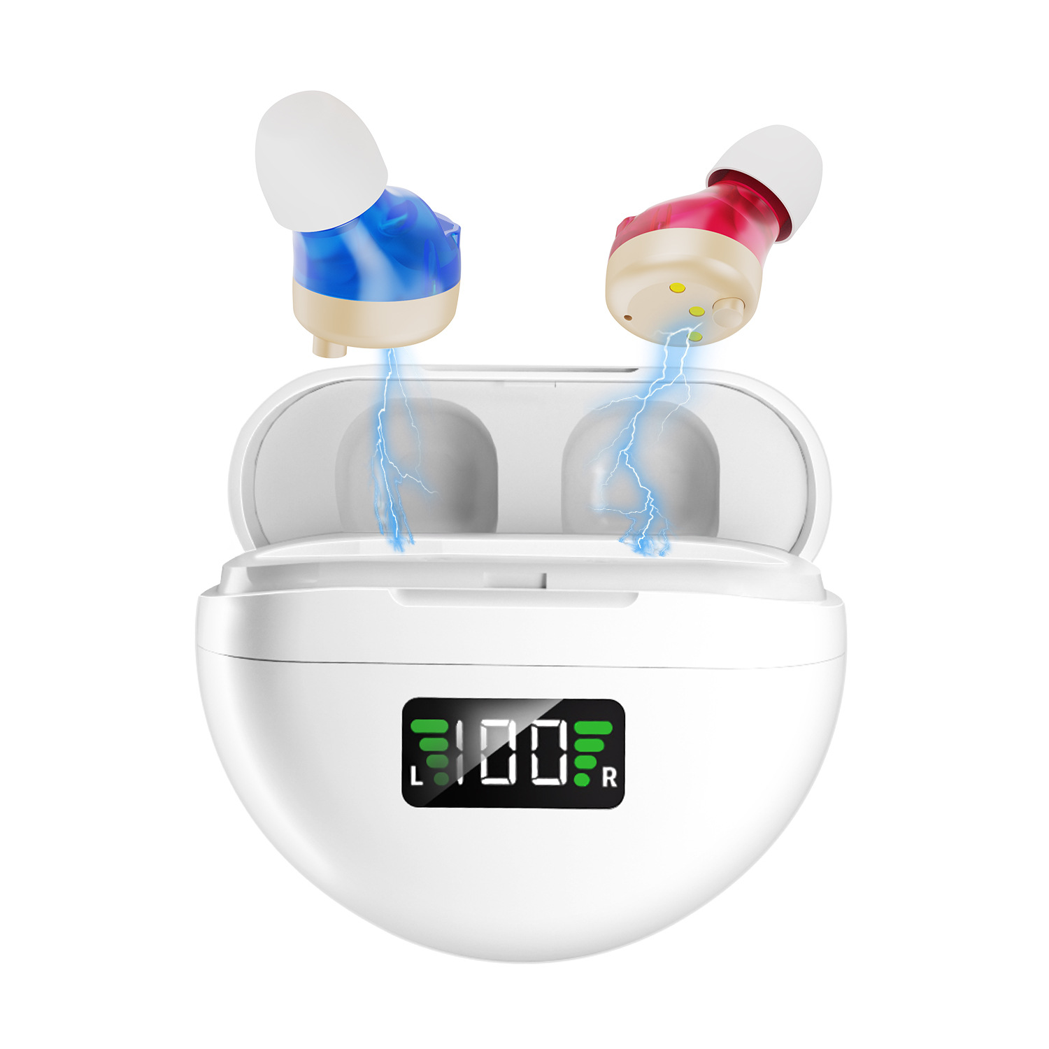 Hörgeräte mit Audio Tracker, Wiederaufladbare Hörgeräte mit Rauschunterdrückungs-DSP-Chip, OTC Hörgerät für Senioren, Rötlich Blau