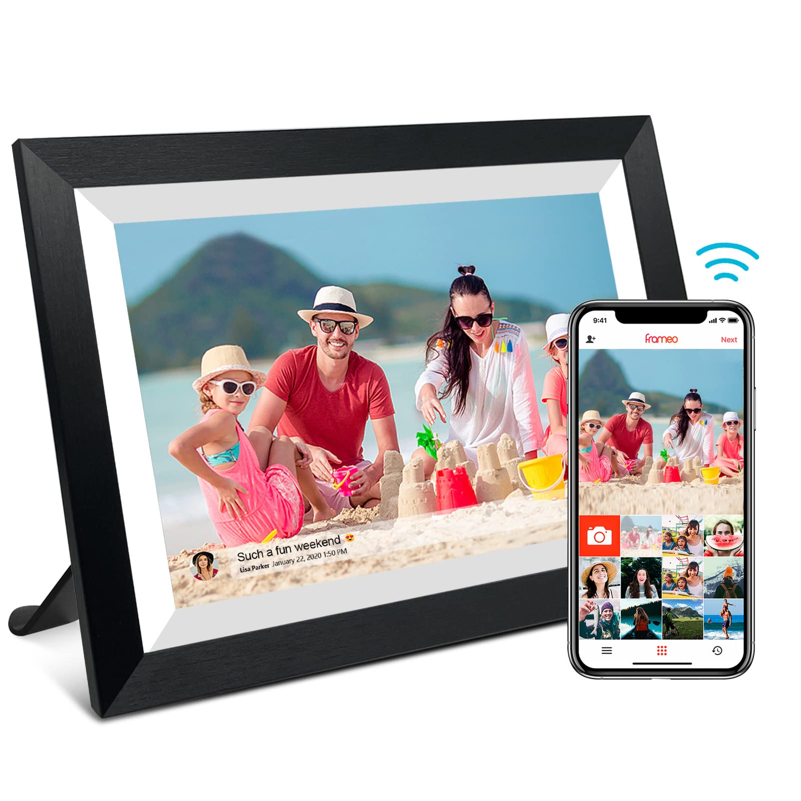 10,1 Zoll Smart WiFi Digitaler Bilderrahmen 1280x800 IPS LCD Touchscreen, Auto-Rotation von Hoch- und Querformat, Eingebauter 32GB Speicher (Schwarzer Holzrahmen)