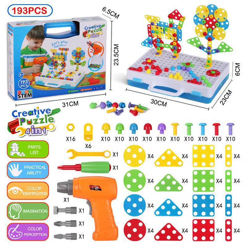 Kreatives Mosaik-Bohrset für Kinder, Kinder-Elektrobohrer und Schraubenpuzzle-Set für Mädchen und Jungen STEM-Bauspielzeug, Bohrspielzeug für 3-8 Jahre