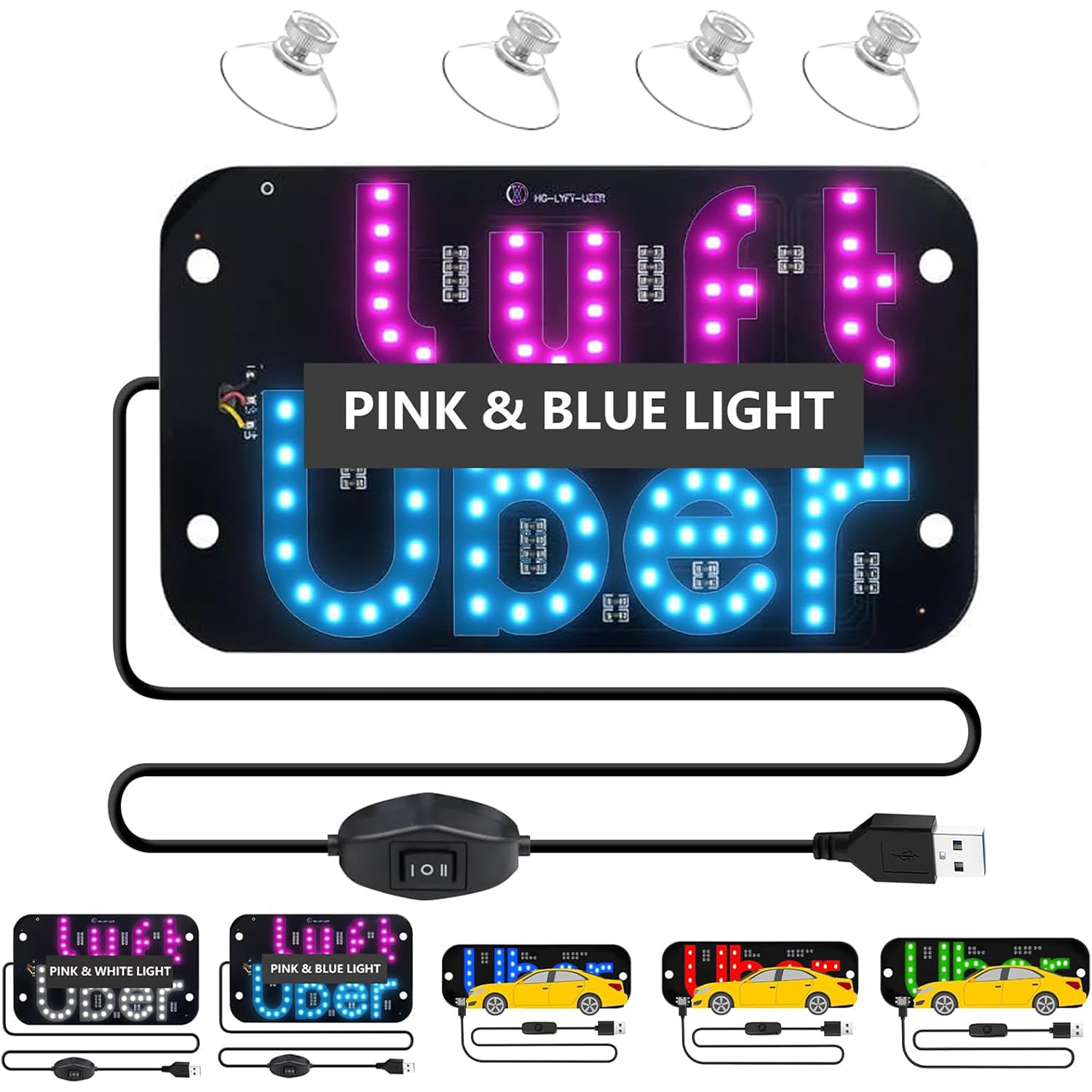 LED Lichtzeichen für Auto,Taxi Windschutzscheibenlicht Zeichen,USB Auto LED Display mit Saugnäpfen,Dual-Farbkonvertierung,USB-Stecker,Verbessern Sie die Sichtbarkeit bei Nacht (Rosa+Blau)