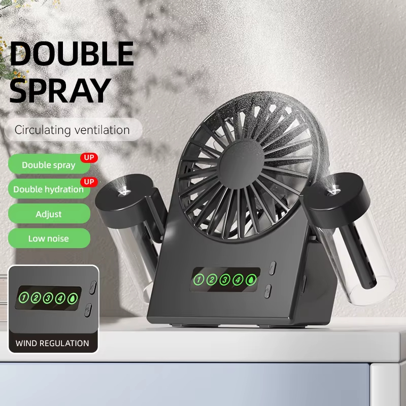 Dual Spray Desktop Fan 2 In 1 USB Tragbarer Digitalanzeige Wasserergänzungs-Sprühventilator 1200mAh Vierstufen-Wind Farbe Schwarz