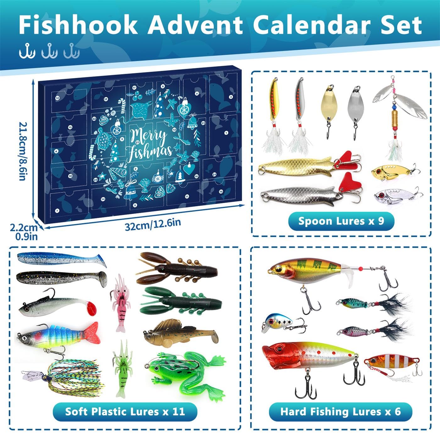 Fishing Adventskalender für Männer Teenager Jungen, Angeln Köder Weihnachtsgeschenke, 24 Tage Oberflächenköder Angelspoons Minnow Popper Crankbait VIB für Angelbegeisterte Vater Freund Bruder