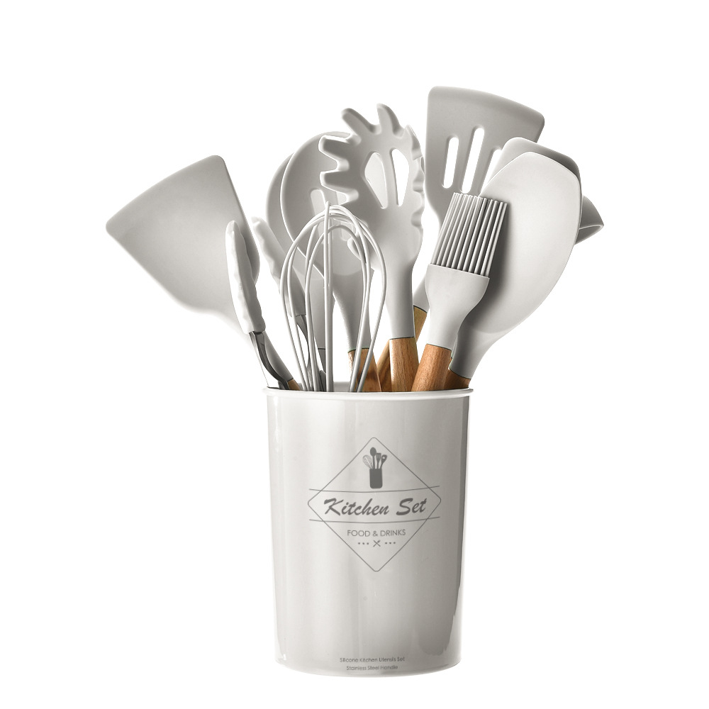 11 Stück Silikon-Kochutensilien Küchenutensilien Set Hitzebeständig, Löffel, Pinsel, Schneebesen, Holzgriff Schwarze Küchengeräte mit Halter für Kochgeschirr Farbe Weiß