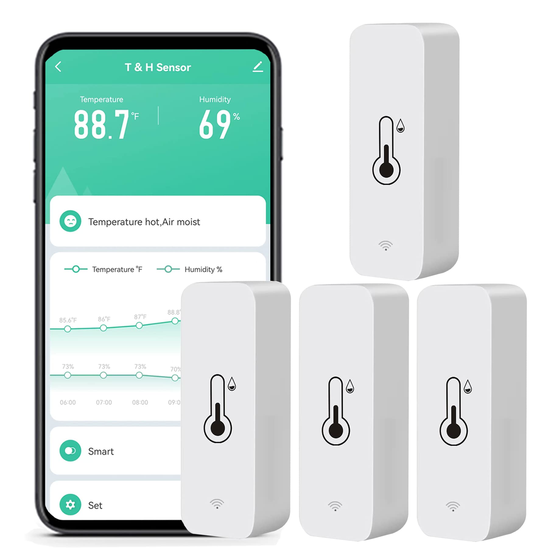 WiFi Luftfeuchtigkeit Temperatur Monitor,Smart Hygrometer Thermometer für Fernüberwachung und Warnung,Keine Hub Erforderlich,Kompatibel mit Alexa (4er-Pack)
