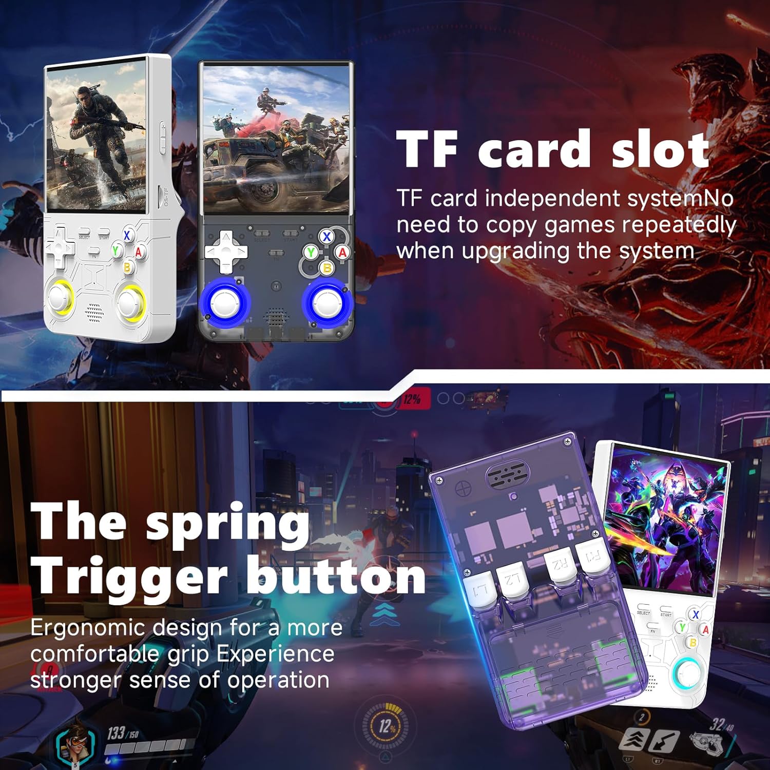 R36Ultras Handheld-Spielkonsole mit 4-Zoll-IPS-Bildschirm, 64GB TF-Karte enthält 15000+ Spiele, WLAN-fähige Retro-Handheld-Spielkonsole (Blau)