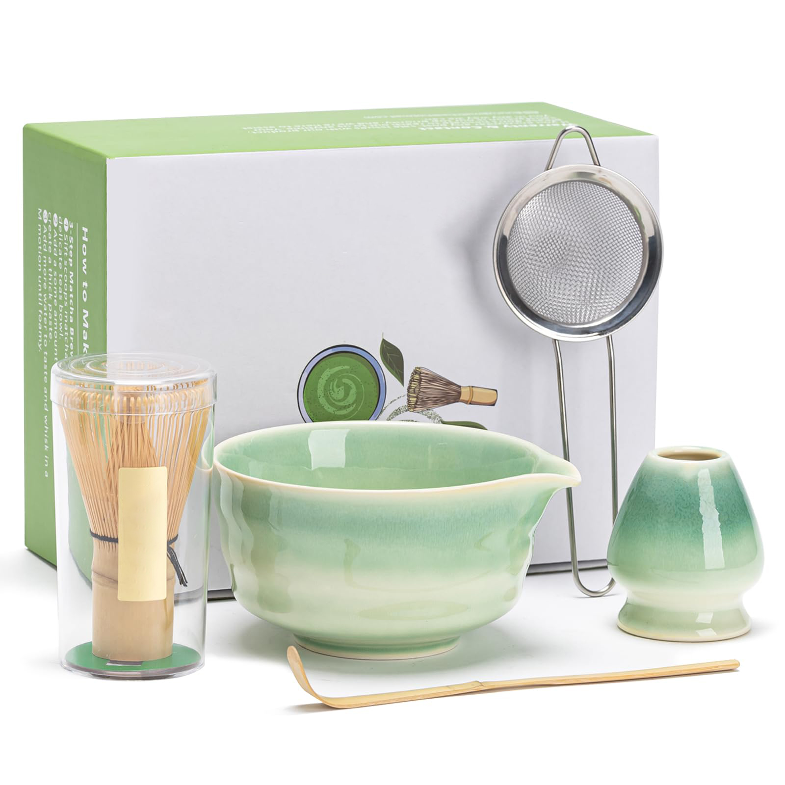 Japanisches Matcha-Set, Matcha-Schale mit Ausguss, Matcha-Besen und Halter, Bambus-Matcha-Löffel und Edelstahl-Sieb, 5-tlg. Gradient-Grün Matcha-Set