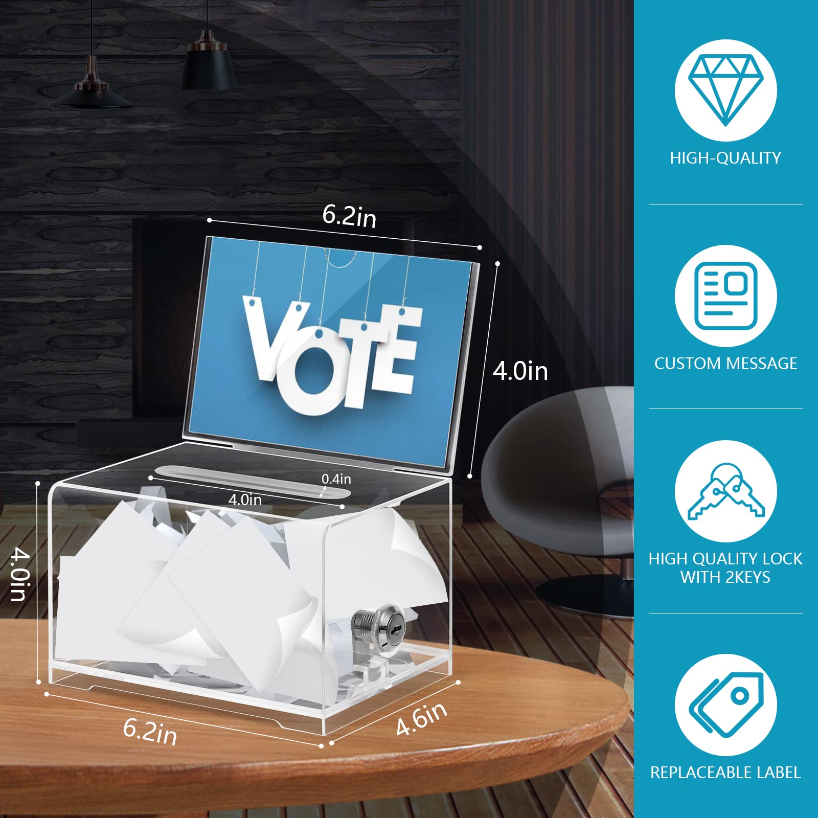 Clear Donation Box with Lock, Ballot Box with Sign Holder, Suggestion Box Storage Container für Wahlen, Raffle Box, Tip Jar 6.2