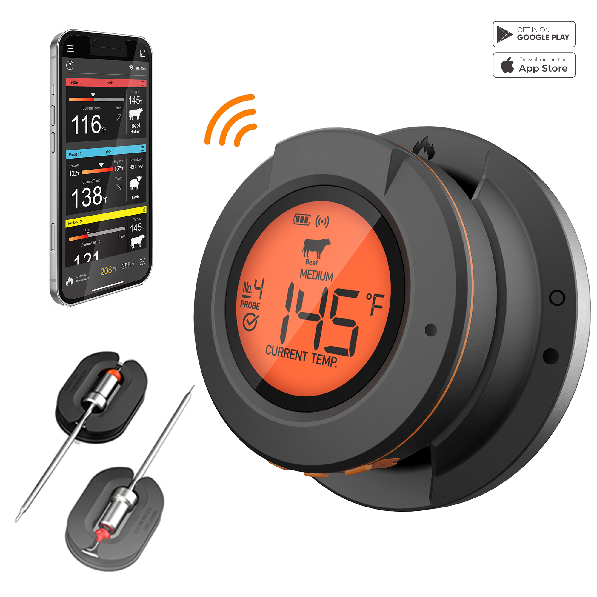 2023 Upgrade Outdoor Digital Wireless Bluetooth Kuppel Koch Lebensmittel Fleischthermometer für BBQ Holzkohlegrill und Ofen Smoker mit 2 Fleischsonden