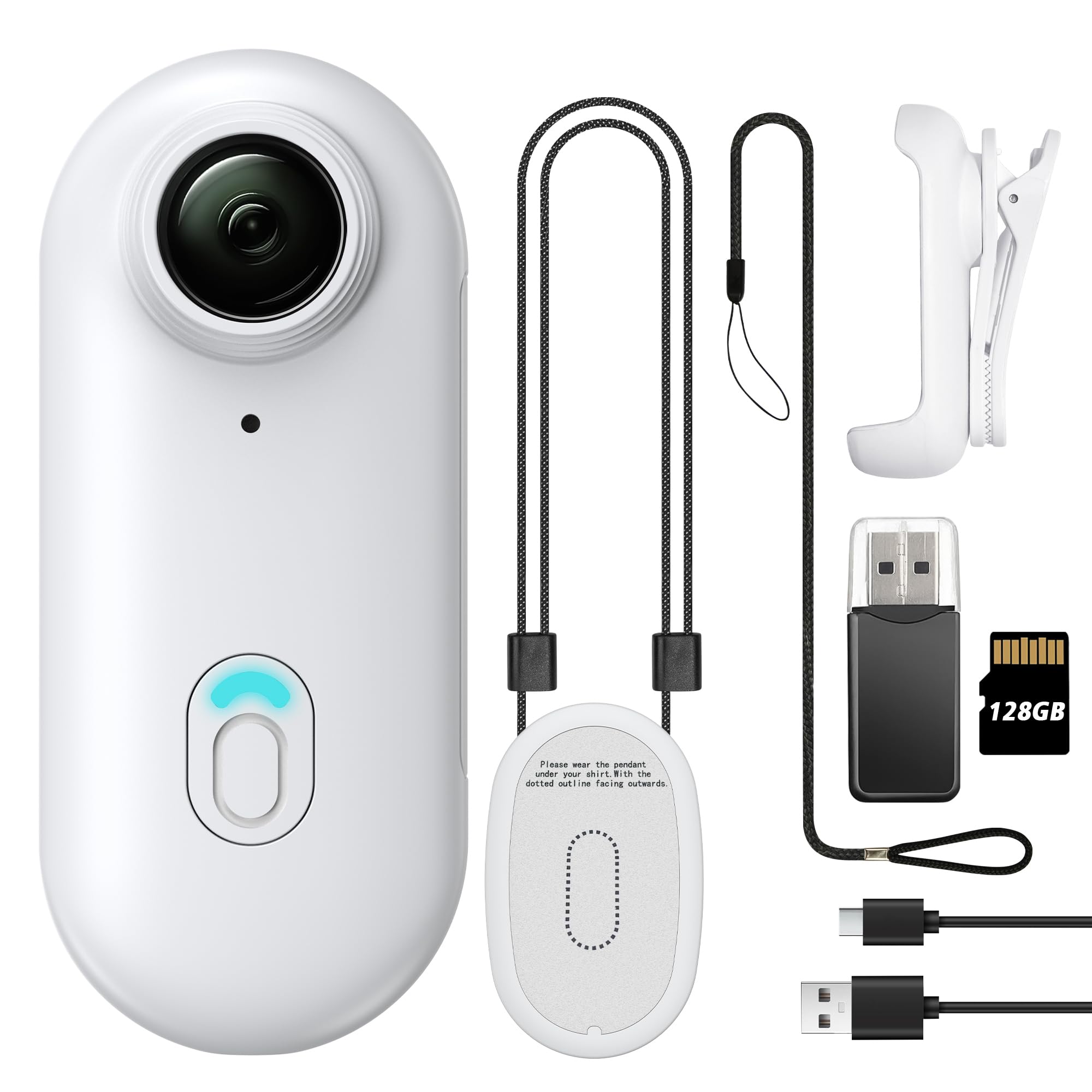 128GB FHD 1080P Mini Körperkamera, tragbare Action-Körperkamera, Daumengroßes Freihand-Aufnahmegerät, am Körper getragene Kamera, Premium tragbarer Camcorder (Weiß)