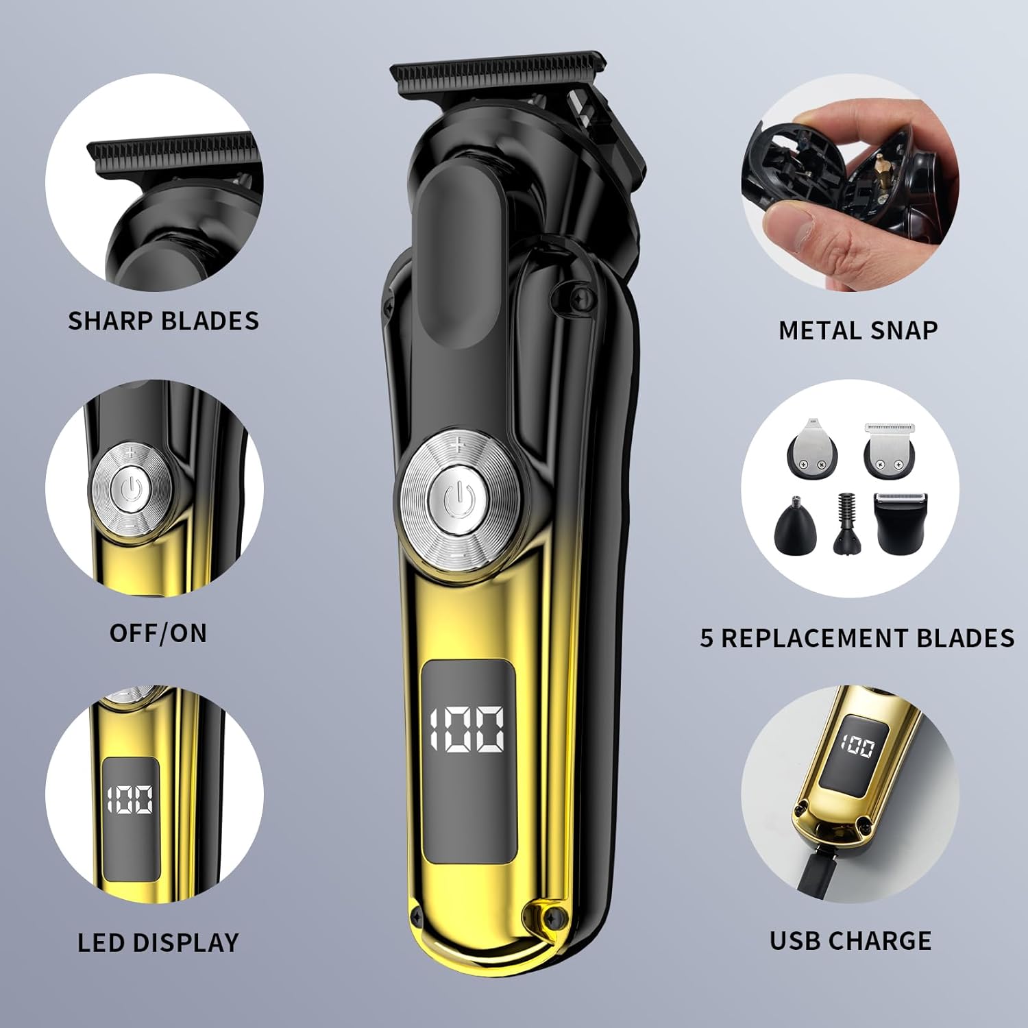 Bartschneider für Männer, IPX6 Wasserdichte Haarschneider Set, 6 in 1 Herrenpflege-Kit, Kabelloser Elektrorasierer mit LED-Display (Gold)