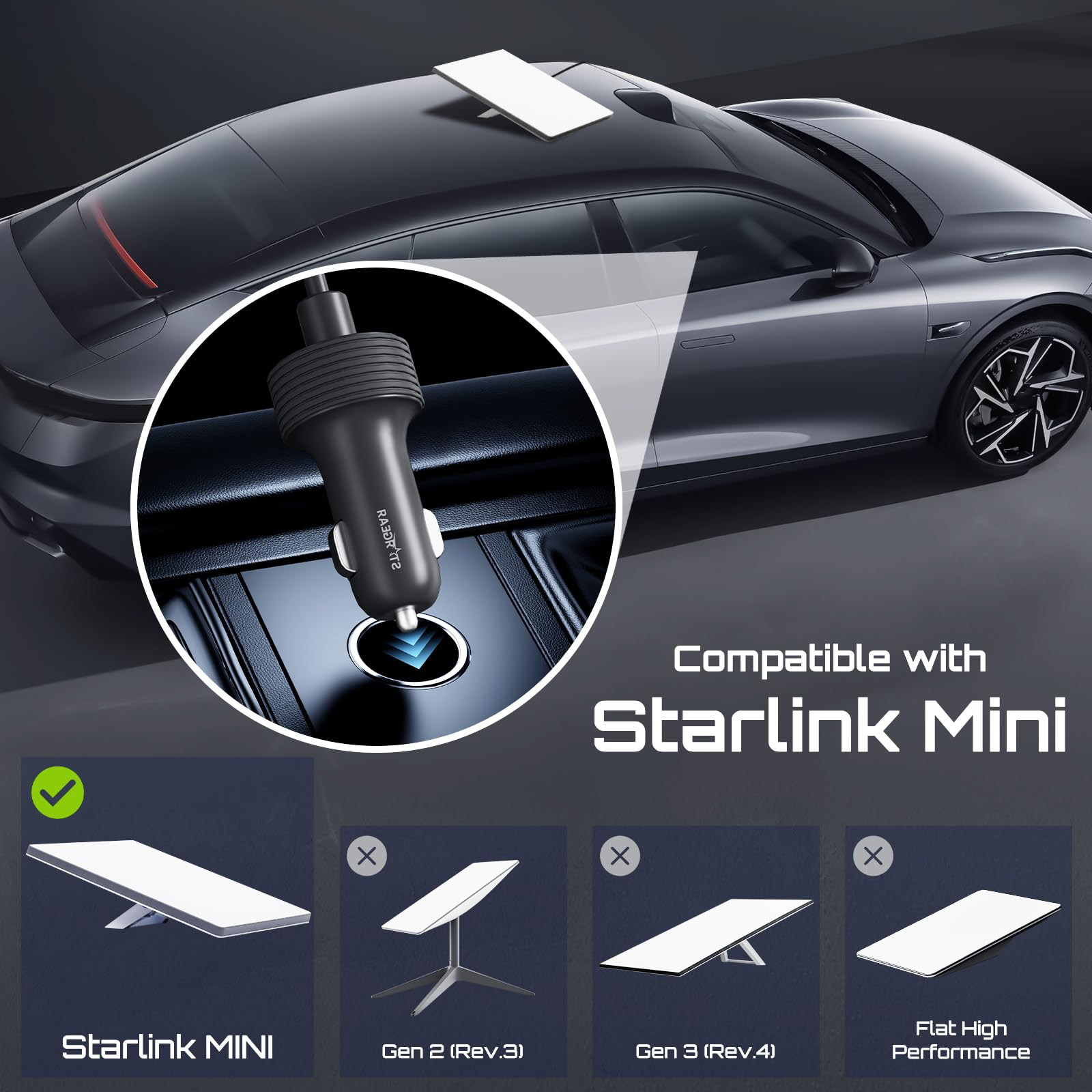 Starlink Mini Kabel 12V Stromkabel 3M, Starlink Mini Zubehör 16AWG Zigarettenanzünder zu DC-Kabel, 12V-48V Auto-Ladegerät Auto-Adapter