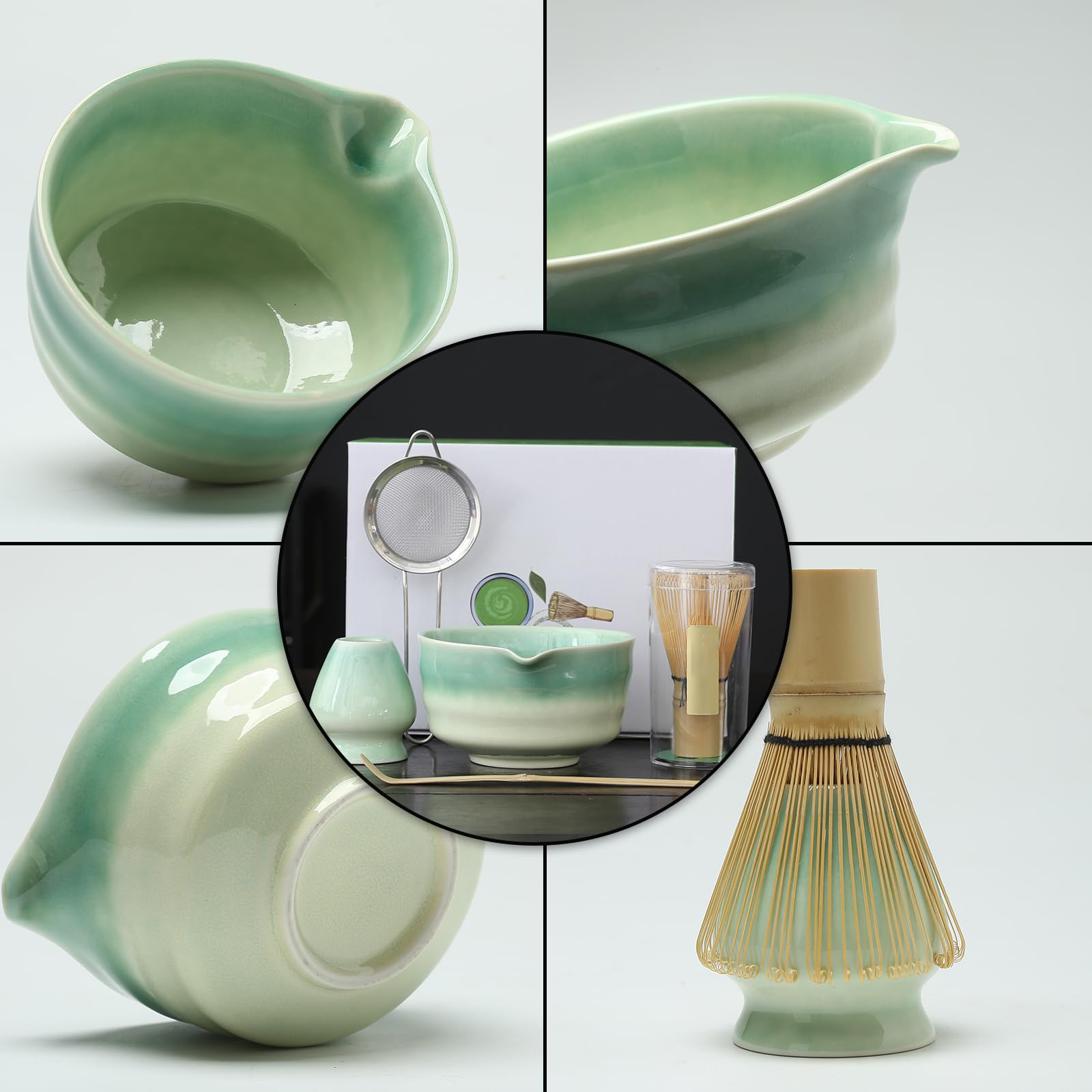 Japanisches Matcha-Set, Matcha-Schale mit Ausguss, Matcha-Besen und Halter, Bambus-Matcha-Löffel und Edelstahl-Sieb, 5-tlg. Gradient-Grün Matcha-Set