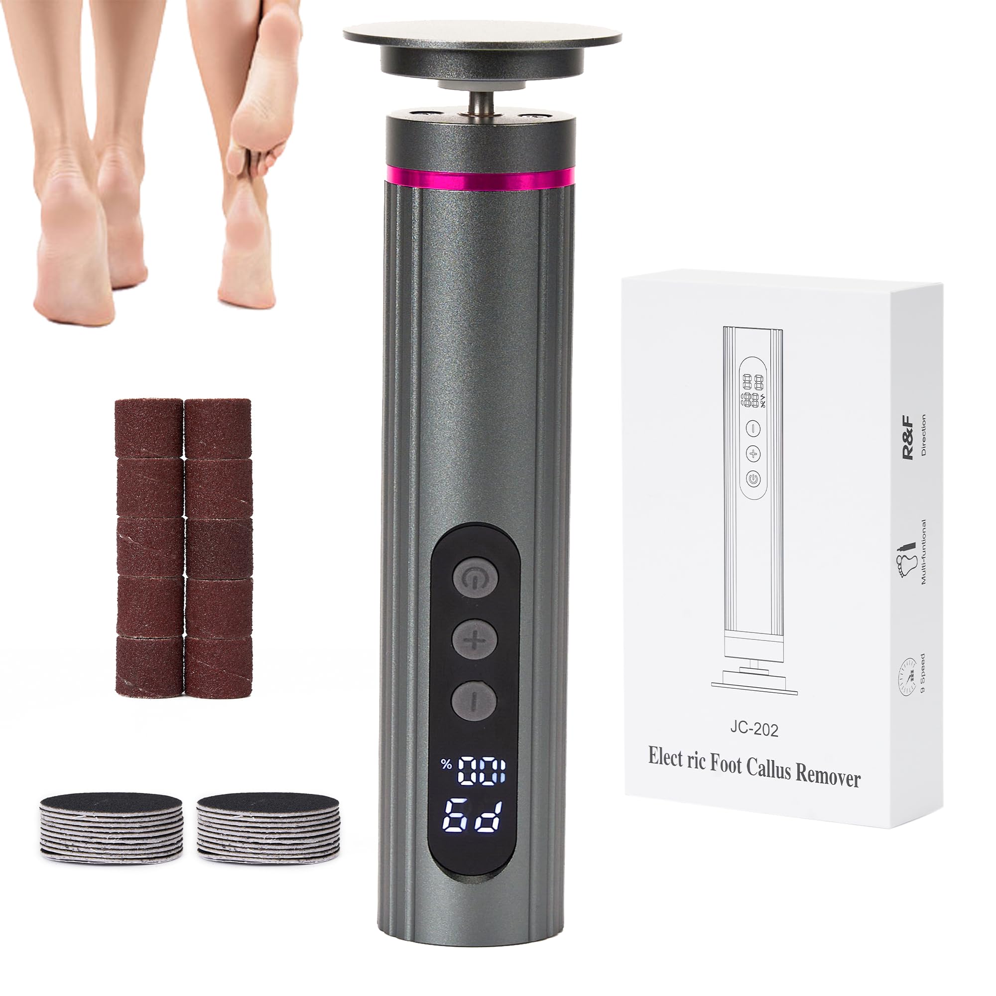 Elektrischer Fußhornhautentferner, Verstellbare Geschwindigkeit Wiederaufladbare Fußschleifer Pediküre-Werkzeuge für Füße mit Schleifpapierscheibe und Nagelbohrer, Schwarz