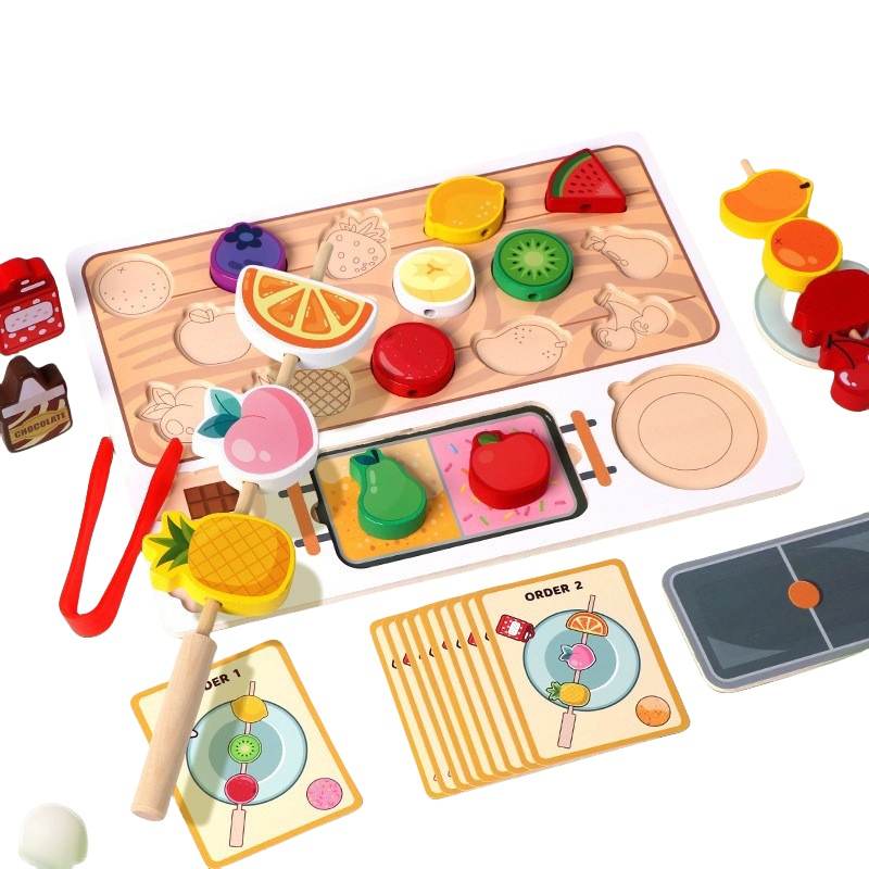 Holzfrucht-Süßigkeiten-Spielzeugset für Kinder Rollenspielküche Nahrungsschnur Rollenspielpädagogisches Geschenk für Jungen und Mädchen ab 3 Jahren