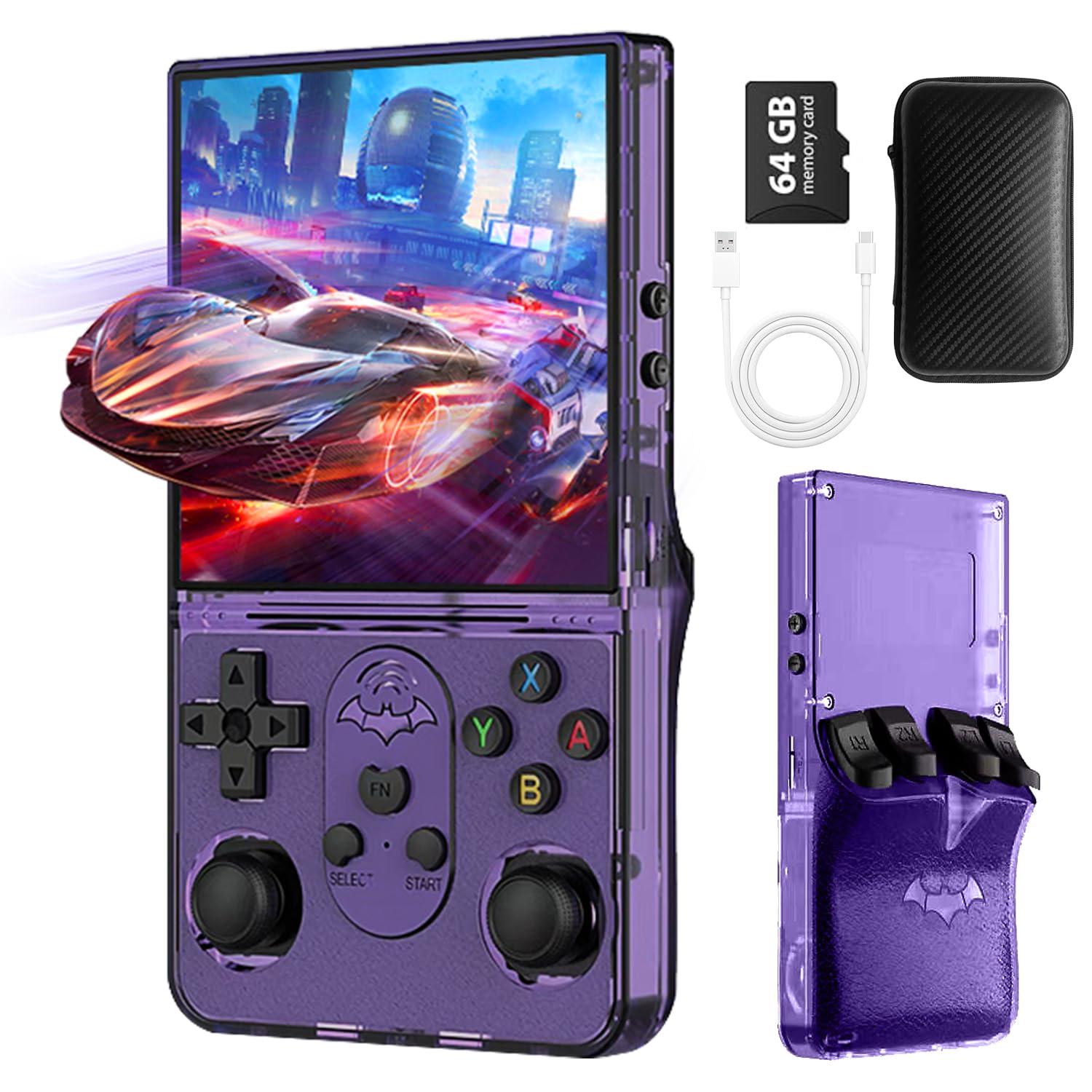 Game-Handheld-Konsole 4 Zoll IPS-Bildschirm Tragbare Videokonsole 64G 8000+ Spiele 3D Dual Joystick Rücktasten Lila