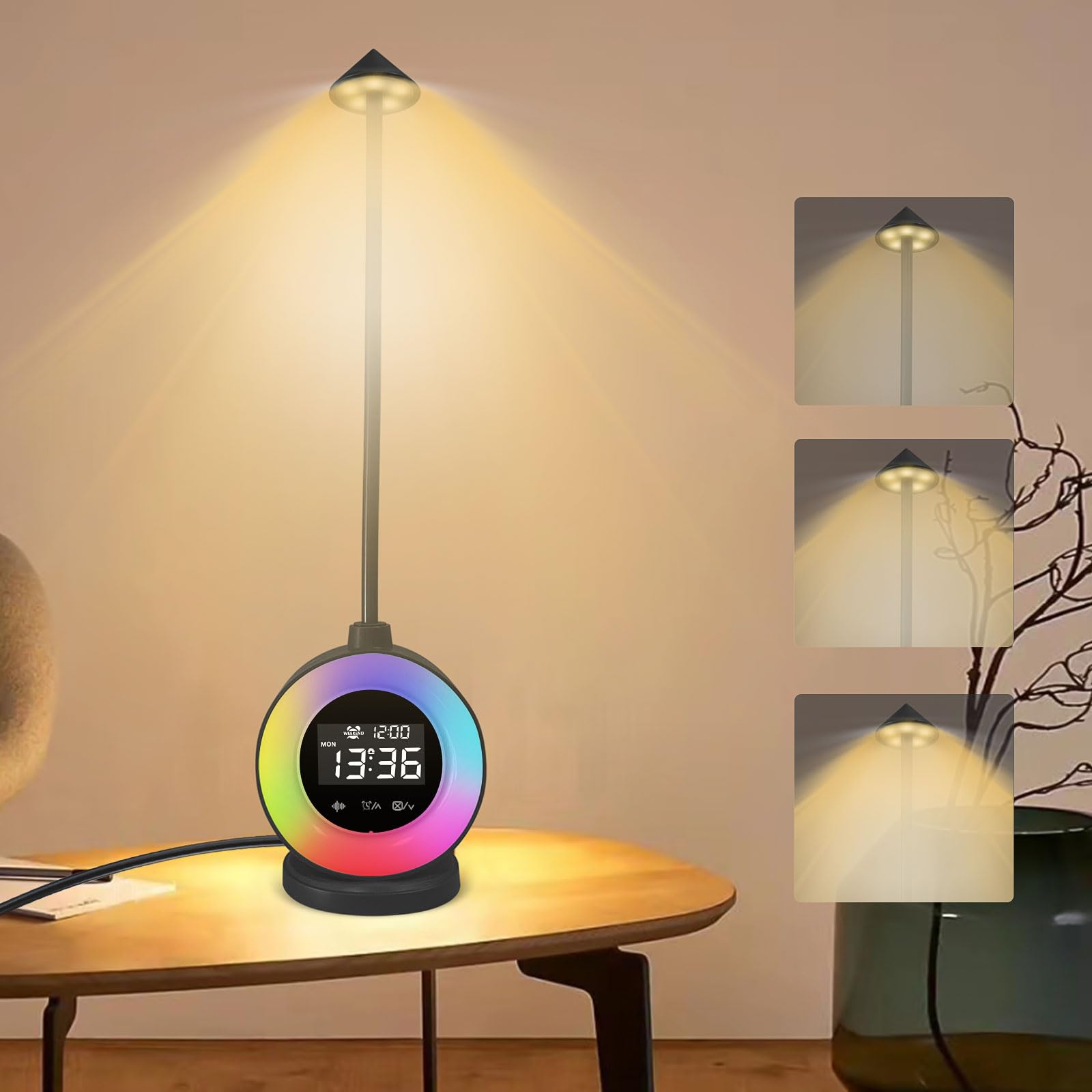LED Nachttischlampe mit RGB-Digitalwecker, 3 Farbtemperaturen,Touch-Tischlampen für Schlafzimmer, Schlummerfunktion