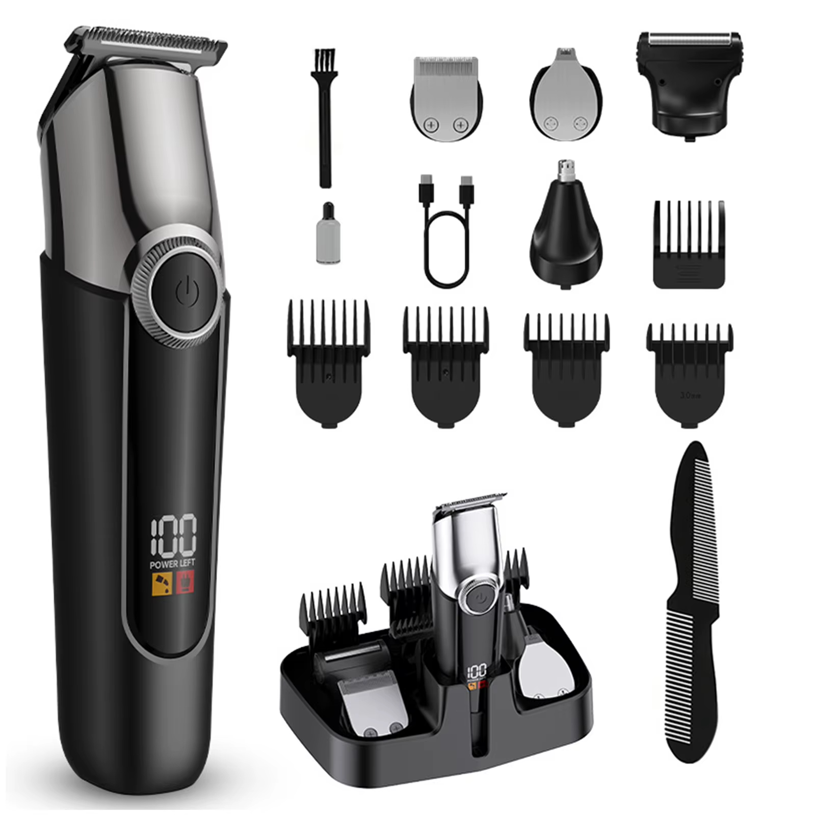 Kabellose Haarschneidemaschine Trimmer Friseur 5-in-1 Bart- und Nasenrasierer mit LED-Digitalanzeige Wiederaufladbares Haarschneide-Set Wasserdicht Für Männer Farbe Schwarz