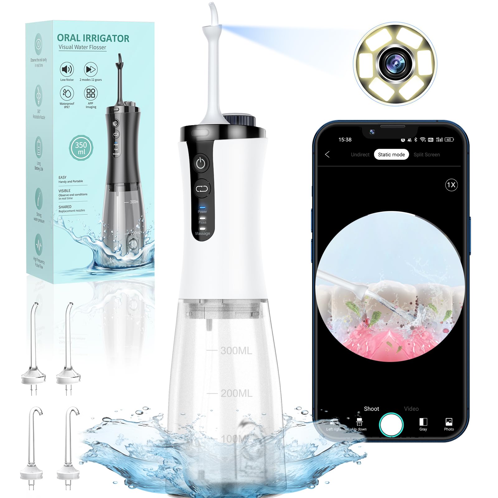 Wasser Flosser mit Kamera für Zähne, Visueller Wasser Zahnseidegerät mit 12-Gang Wiederaufladbarer Wasser Flosser mit 3-Düse Wasserdicht für Android iOS (Weiß)