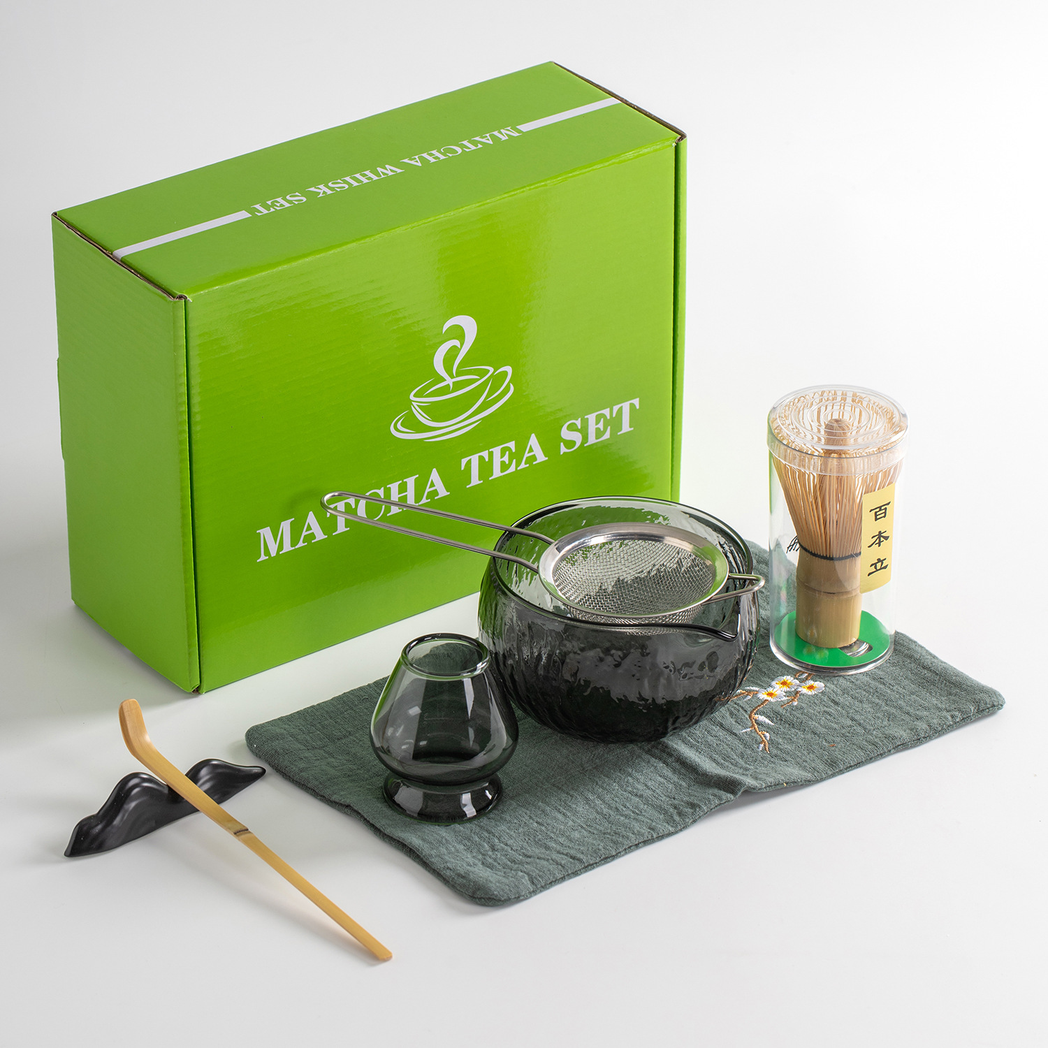 Japanisches Teeset 7-teiliges Matcha-Besen Set Matcha-Schale mit Ausguss Bambus-Matcha-Besen Schaufel Matcha-Besenhalter Tee-Herstellungsset Schwarz GLASS