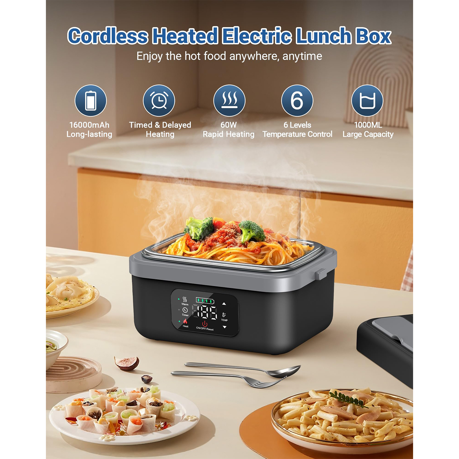 Cordless Electric Lunch Box,Wiederaufladbarer Selbstheizender Speisenwärmer mit 16000mAh Batterie,1L Beheizte Lunch Box mit Smart Reservation & Warmhalten
