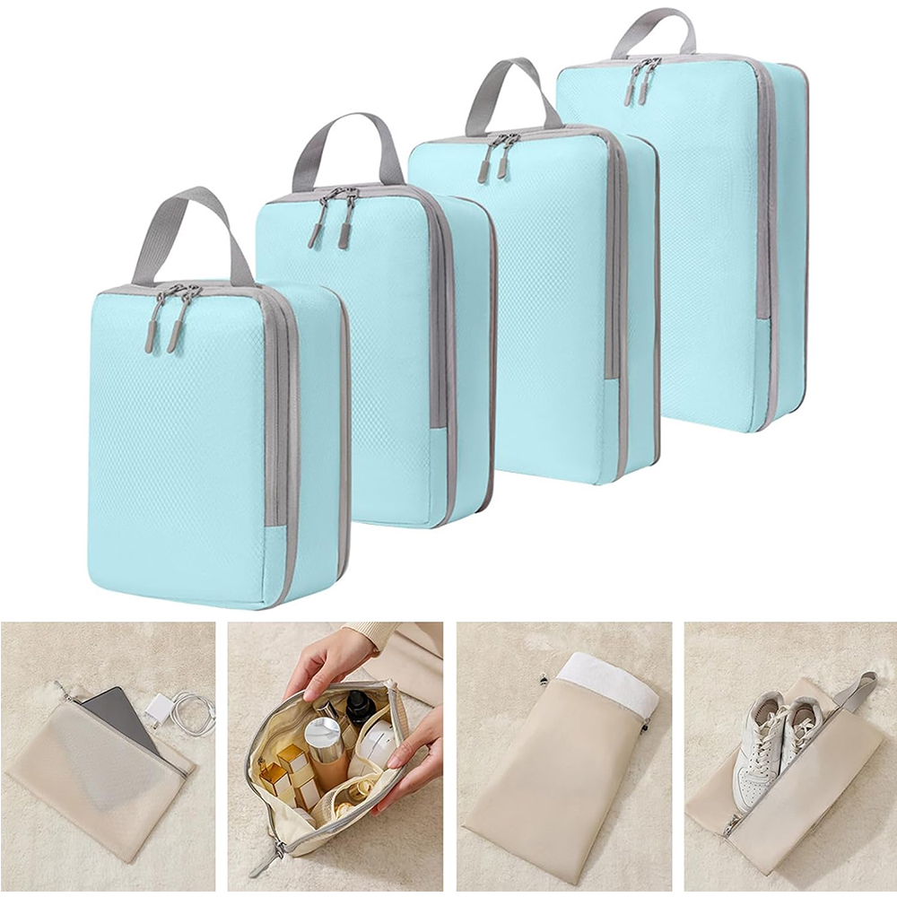 4 Set Kompressions-Packwürfel für Koffer, Gepäck-Verpackungsorganisatoren Tasche Reiseaccessoires (Blau)