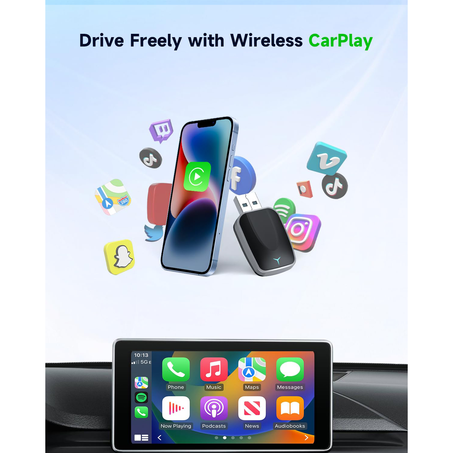 Mini Wireless CarPlay Adapter für iPhone 2025 Verbesserte Version,Plug & Play,Keine Latenz,USB-A/C Unterstützung,Kompatibel mit iOS 10+ & Autos 2016+