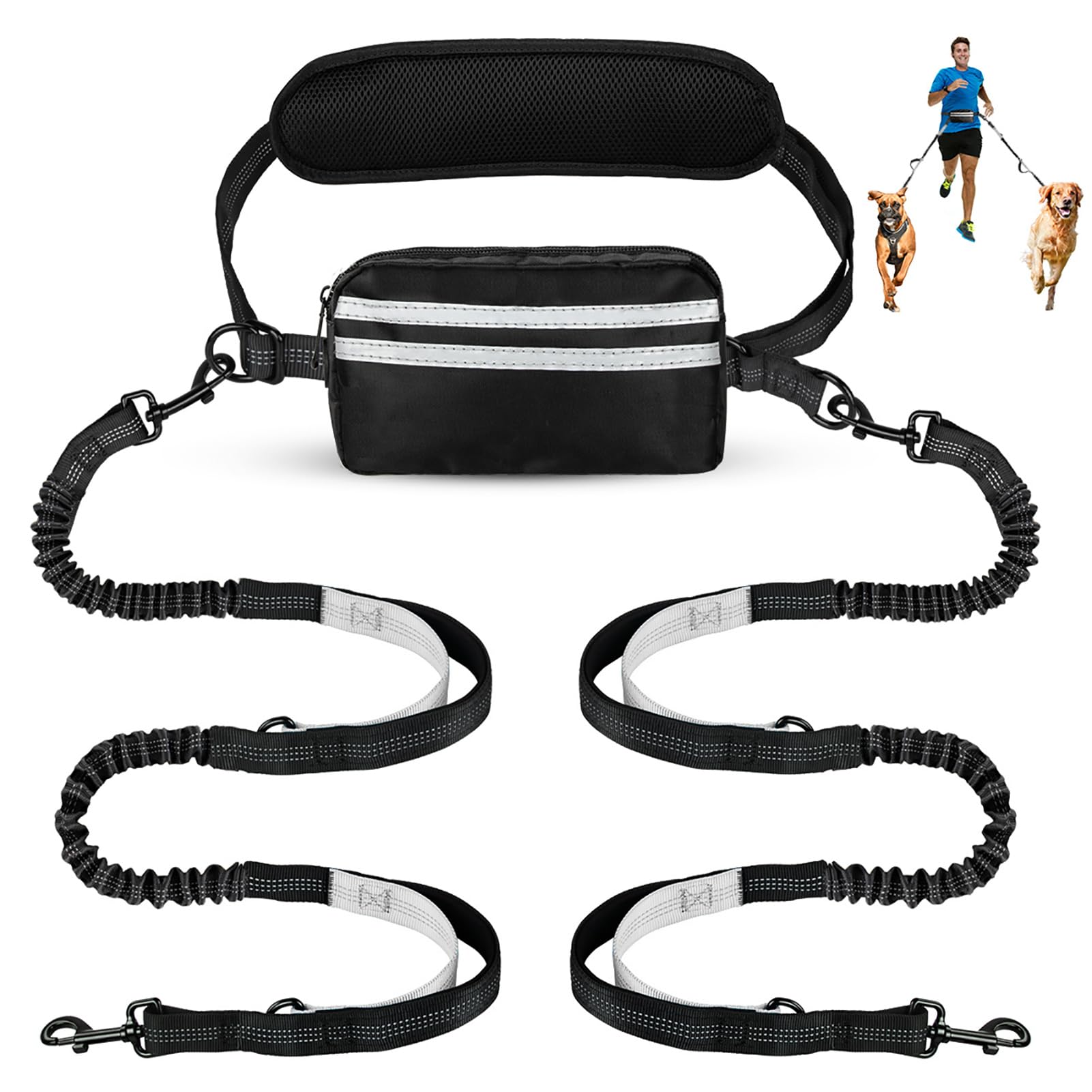 Hands Free Hunde-Leine mit Tasche, Doppel-Leine für zwei Hunde, einziehbares Bungee mit doppelt gepolsterten Griffen für Hundespaziergänge, Laufen mit Hunde-Leine, Silber