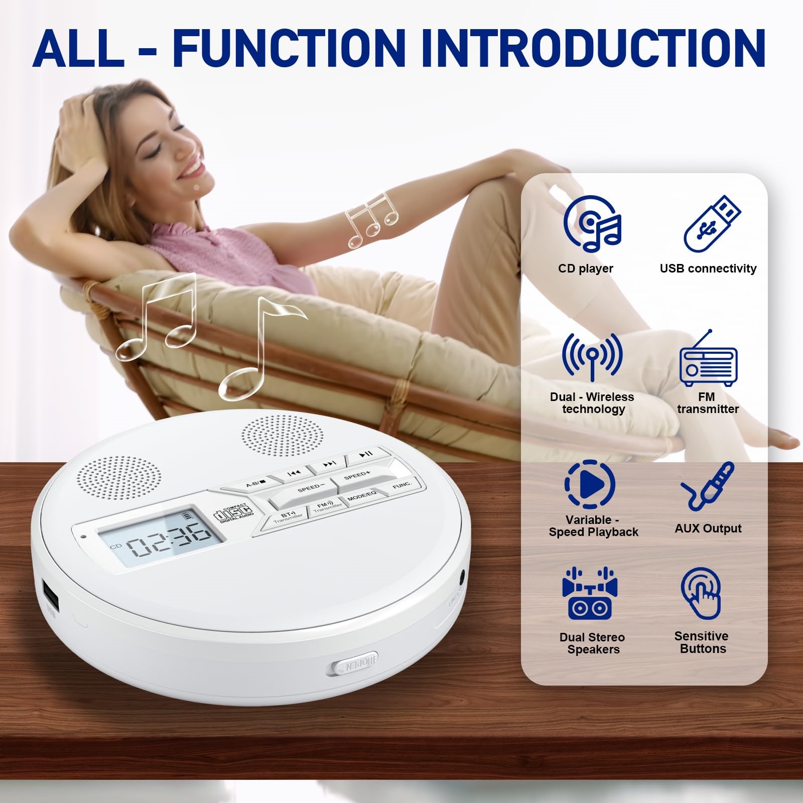 Wiederaufladbarer Tragbarer CD-Player mit Dual-Lautsprecher und Anti-Überspringen, CD, Dual-Bluetooth, FM-Übertragung, USB, AUX, LCD-Anzeige, Hintergrundbeleuchtete Taste, Wiederholen-Weiß