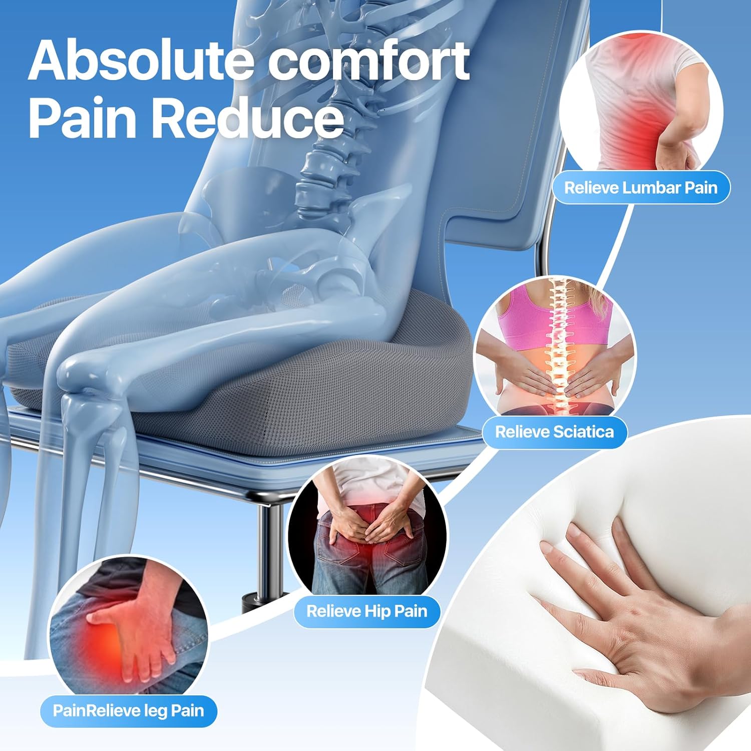 Sitzkissen, Großes Memory Foam Kissen für Bürostuhl Kissen, Ergonomische Kissen Pad Kissen zur Druckentlastung bei Ischias und langem Sitzen, Grau