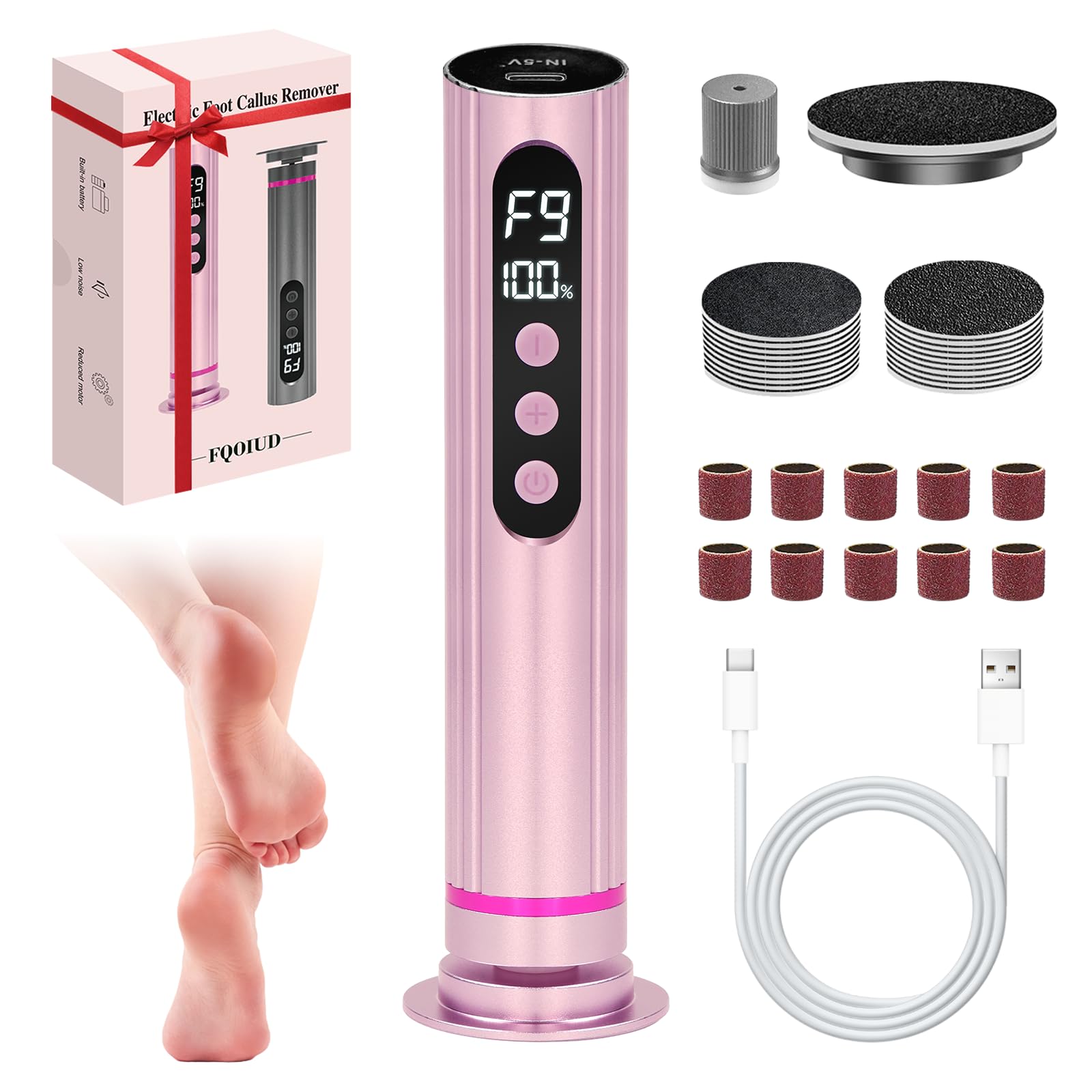 Elektrischer Fußhornhautentferner 2 in 1 Elektrische Fußfeile, Einstellbare Geschwindigkeit Fußfeile mit Schleifkopfscheiben 9 Geschwindigkeiten Hornhautentferner für Füße