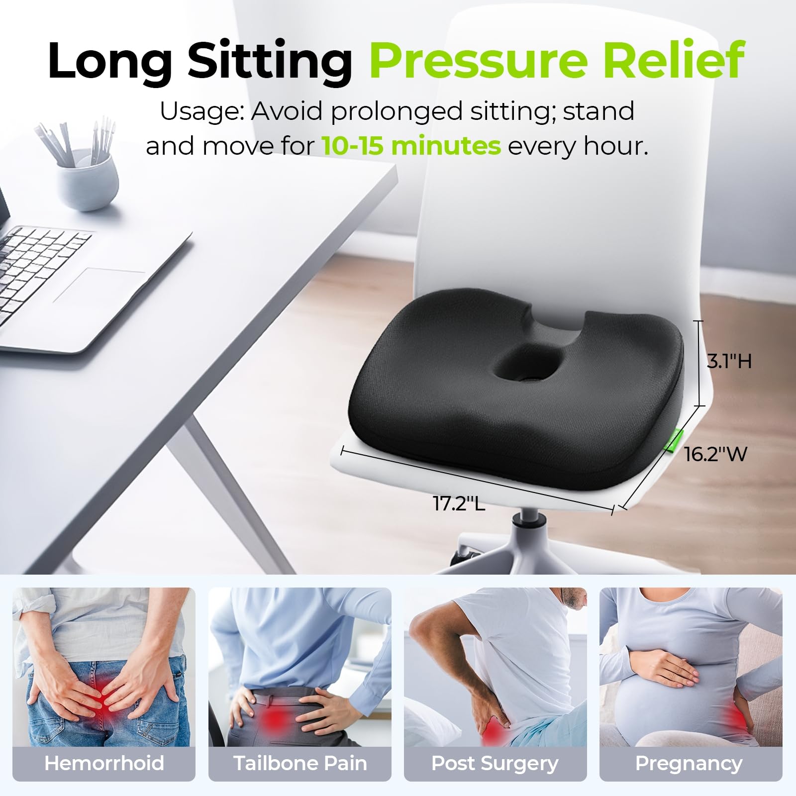 Donut Pillow Sitzkissen Hämorrhoiden Wissenschaftliches Zentrum Loch und Steißbein Ausschnitt, Sitzkissen für Coccyx, Ischias