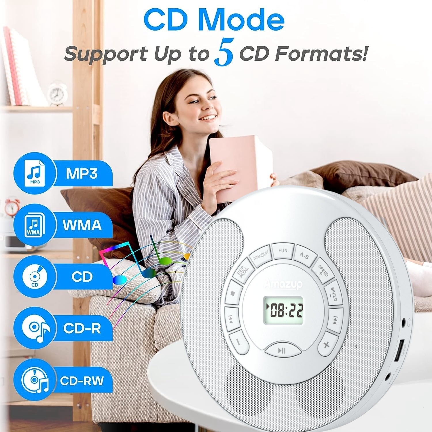 Wiederaufladbarer tragbarer CD-Player MP3 mit Dual-Bluetooth, Dual-Lautsprechern, LCD-Display für Auto, Zuhause, AUX-USB-Modus, Farbe Weiß