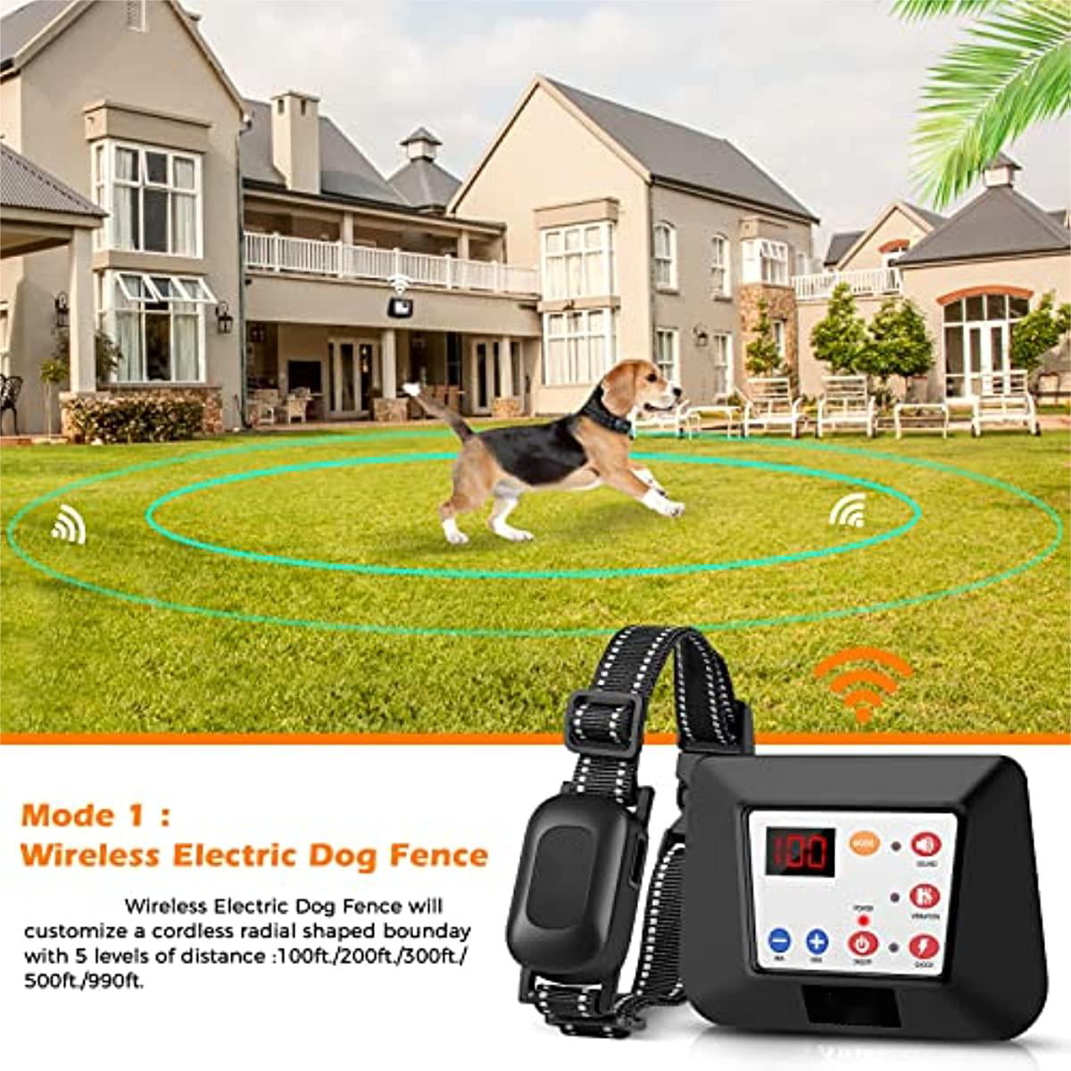Wireless Dog Fence, 2023 Elektrischer Zaun für Hundetrainingshalsband mit Fernbedienung, Wireless Dog Boundary Containment System, einstellbare Bereichsgrößen für alle Hunde (für 2 Hunde)