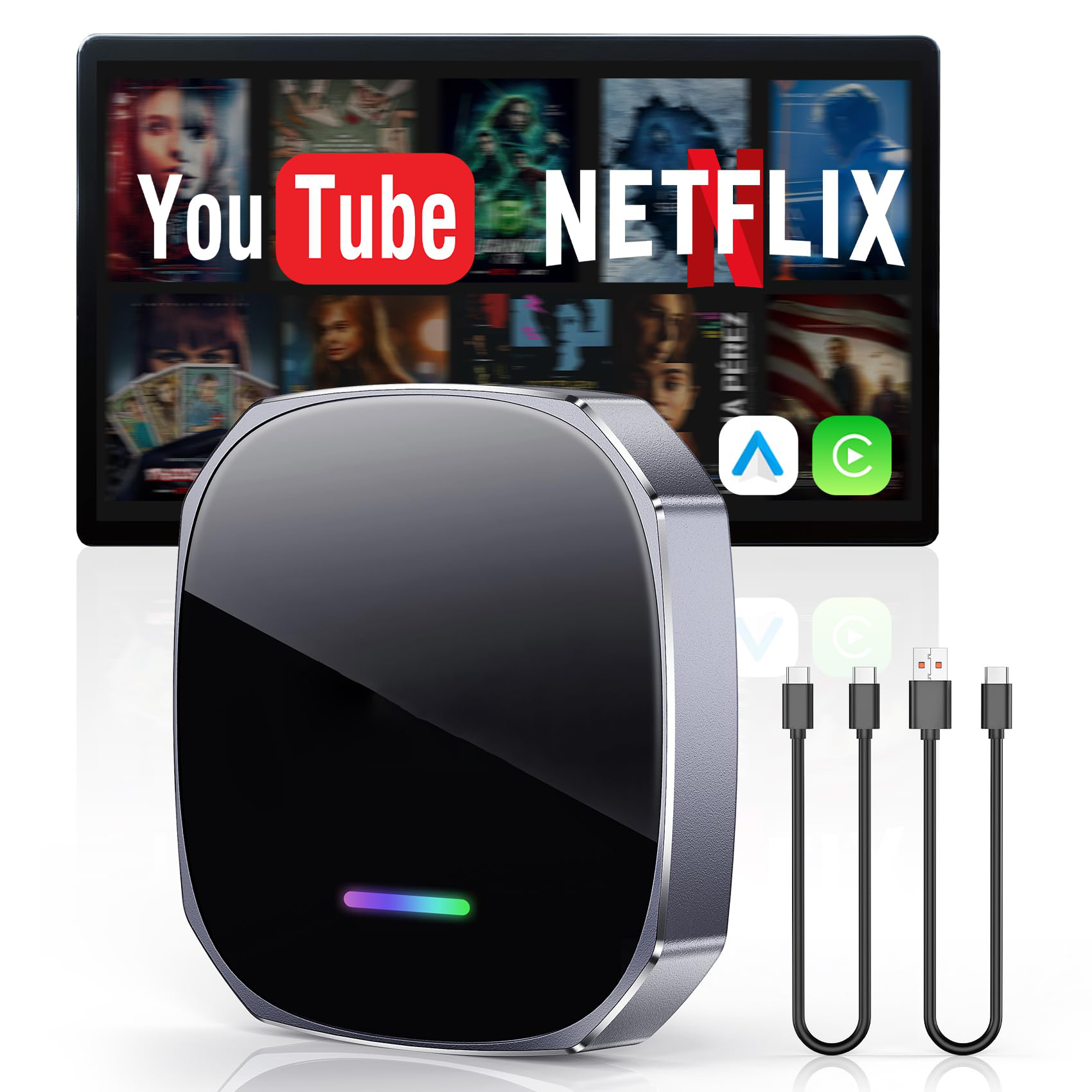 Wireless Carplay Adapter, Mini Carplay Android Auto Wireless Adapter, Unterstützung für Netflix/YouTube/TF-Karte, keine Verzögerung, Plug and Play, kompatibel mit iOS10+/Android 11+