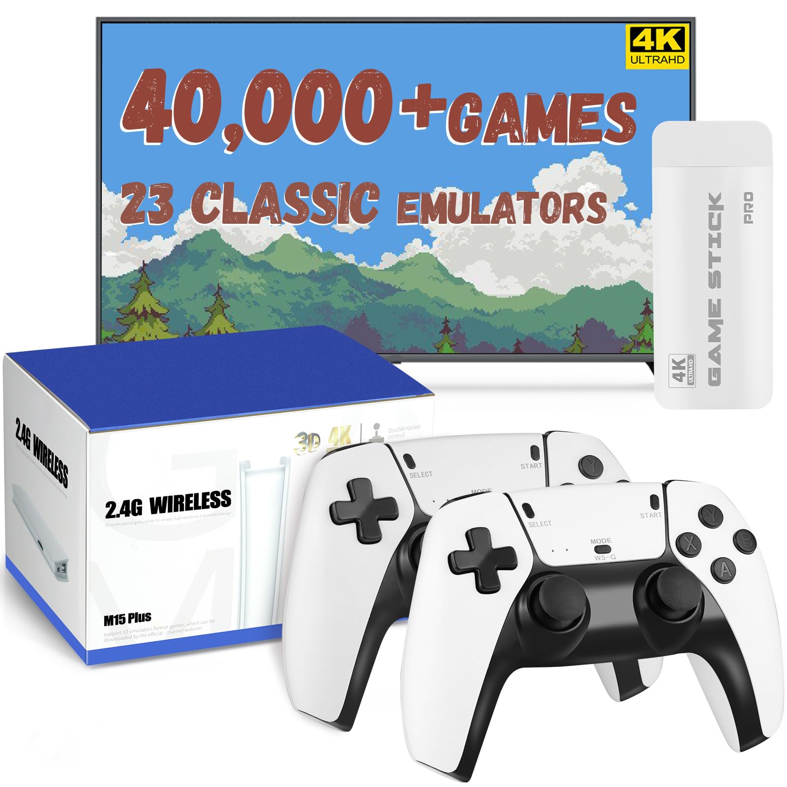 Retro Gaming Konsole mit 40.000+ Klassischen Spielen, 23 Emulatoren, Dual 2,4GHz Wireless Controller, 4K HD Ausgang, Kompatibel mit TV/PC/Projektor, 128GB