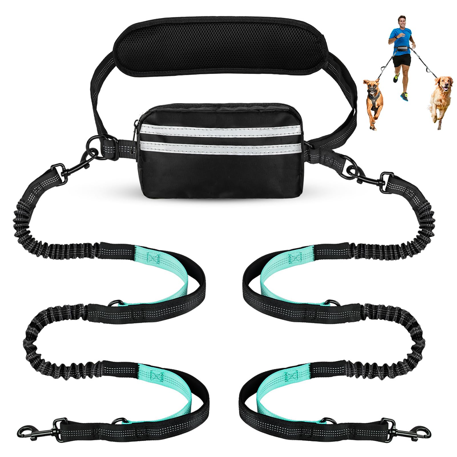 Hands Free Hundeleine mit Tasche, Doppel-Leine für zwei Hunde Retractable Bungee mit doppelt gepolsterten Griffen für Hundespaziergänge Laufleine für Hunde (Schwarz-Grün)