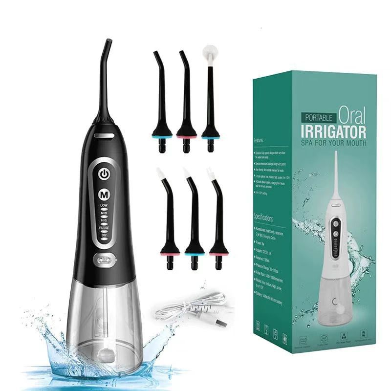 Oraler Irrigator Kabellos Elektrisch mit 5 Modi und 6 Düsen Wasser Flosser IPX7 Wasserdicht USB Aufladung 300 ml Zahnreiniger für Zuhause Reisen (Schwarz)