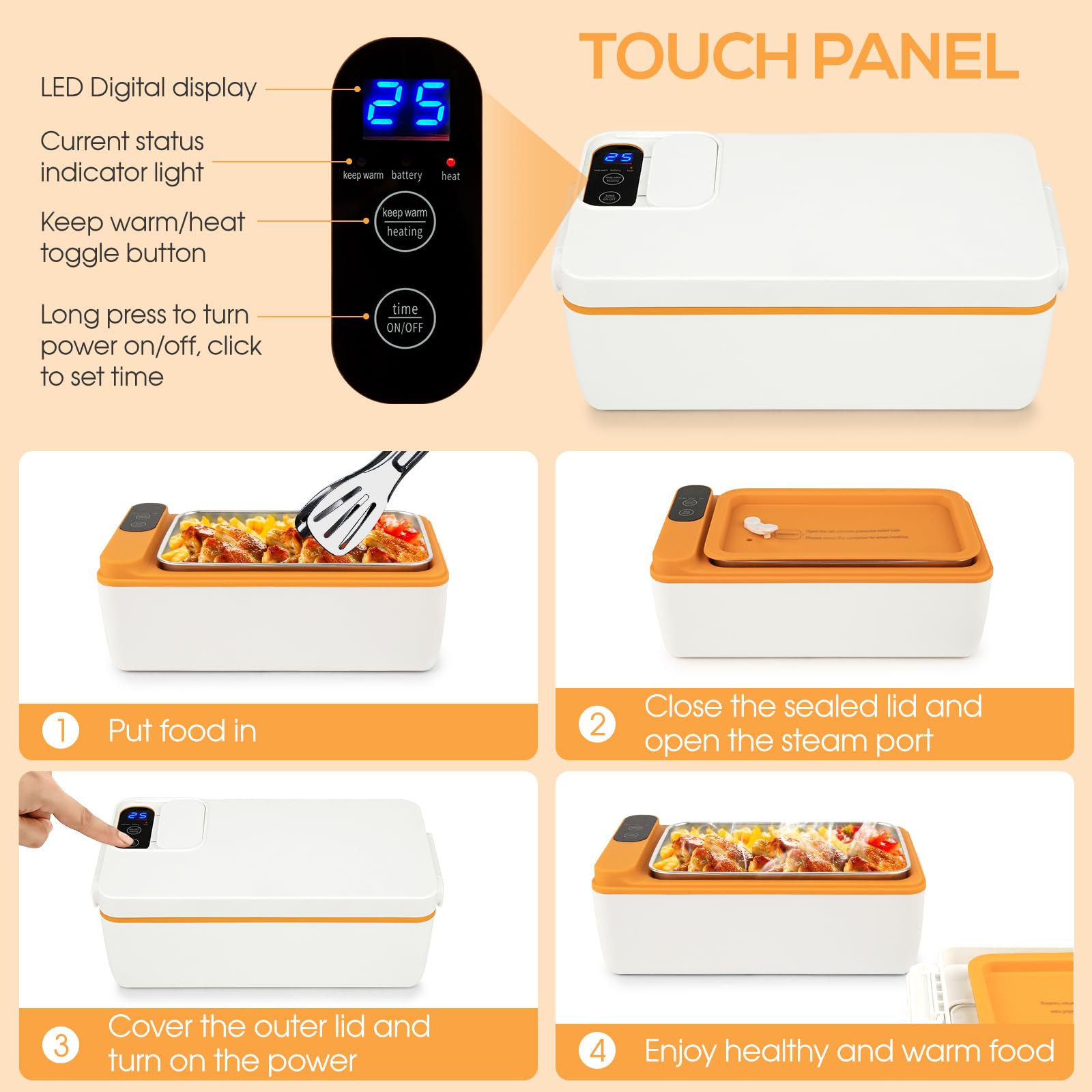 Kabellose elektrische Lunchbox-Speisenheizung, batteriebetriebene beheizte Lunchbox-Speisewärmer, einstellbare Heizzeit (Weiß)