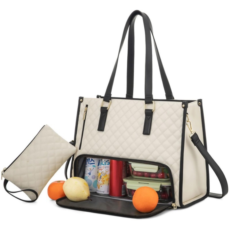Lunch Tote Bag für Frauen, Laptop-Tasche mit isoliertem Lunch-Fach, große Kapazität Computer-Handtasche mit Geldbörse für Schule, Arbeit, Büro, Freizeit, Beige
