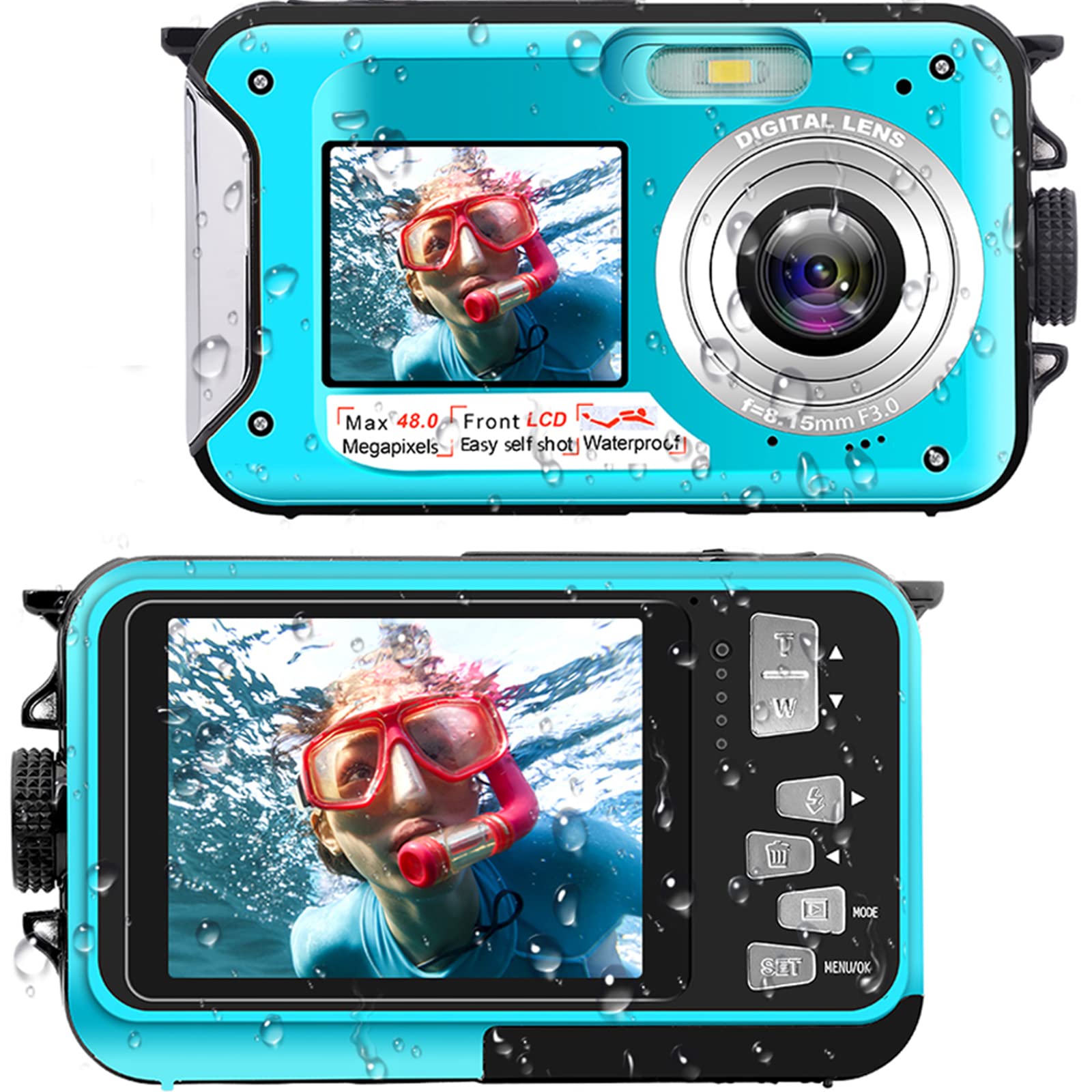 Wasserdichte Digitalkamera Unterwasserkamera Full HD 2.7K 48 MP Videoaufzeichnung Selfie Dual Screens Taschenlampe Wasserdichte Kamera zum Schnorcheln (Blau)