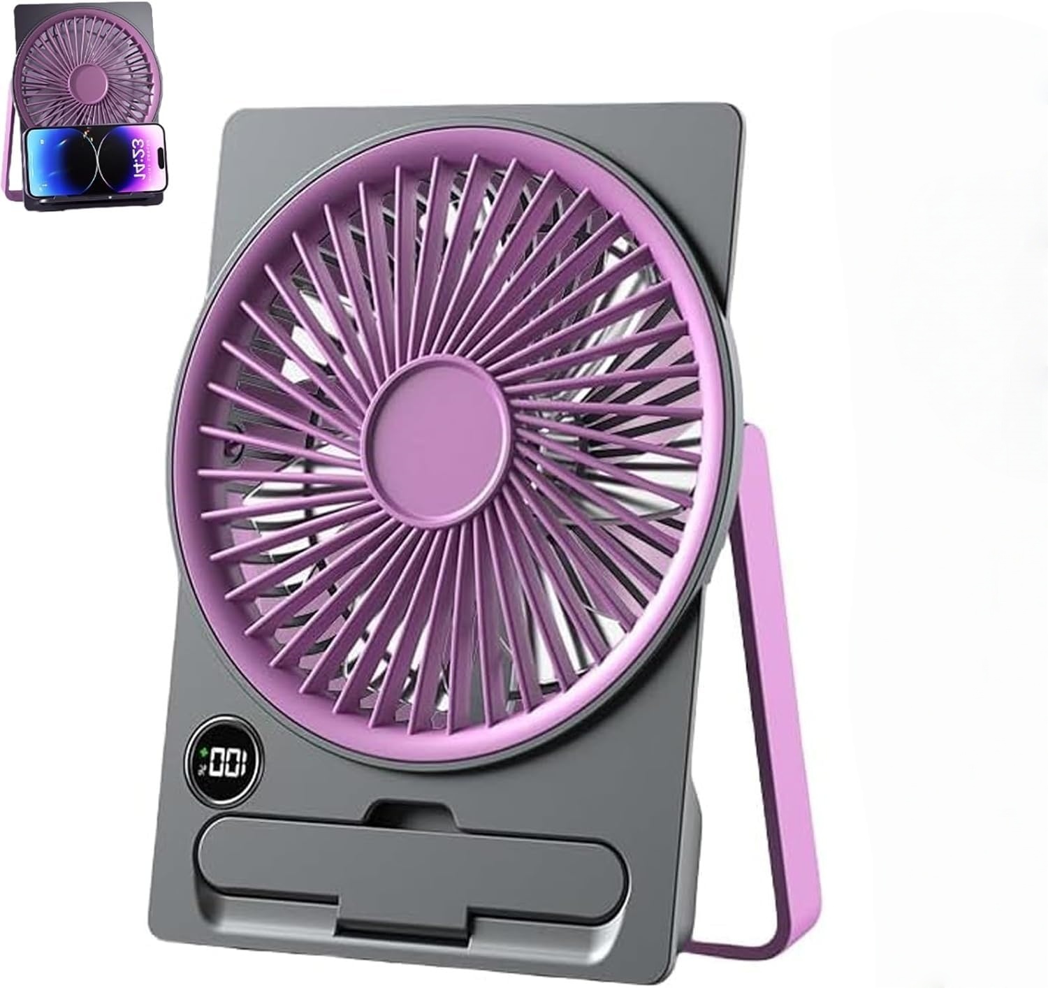 Tragbarer Schreibtischventilator USB Wiederaufladbarer Ventilator 180-Grad-Weitwinkel-Faltventilatoren mit Leistungsanzeige 6 Geschwindigkeiten Leise Tischventilatoren Farbe Lila