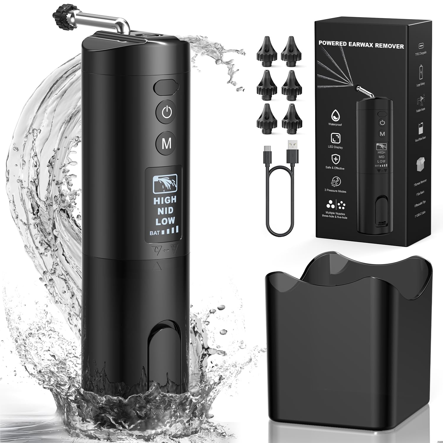 Ohrenschmalz-Entfernungsset Wasserdichtes Ohrenreinigungswerkzeug mit 6 wiederverwendbaren Ersatzspitzen Wiederaufladbares elektrisches Ohrenbewässerungsspülsystem