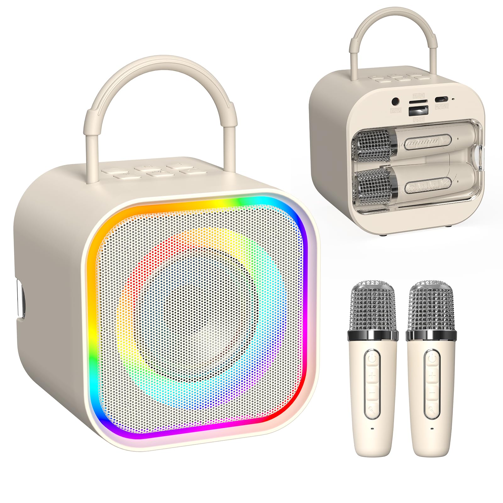 Mini-Karaoke-Maschine Tragbarer Bluetooth-Lautsprecher mit 2 kabellosen Mikrofonen Eingebautem Speicher, Lustige Stimmeffekte Dynamische LED-Leuchten, Geburtstagsgeschenke (Beige)