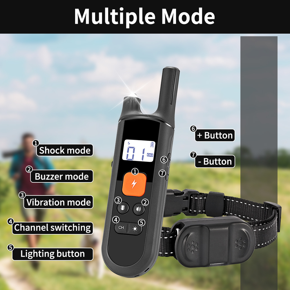 Hundetrainingshalsband, wiederaufladbares Hundehalsband mit Signalton-, Vibrations- und Schocktrainingsmodi, große Fernreichweite, einstellbare Schockstufen-Halsbänder