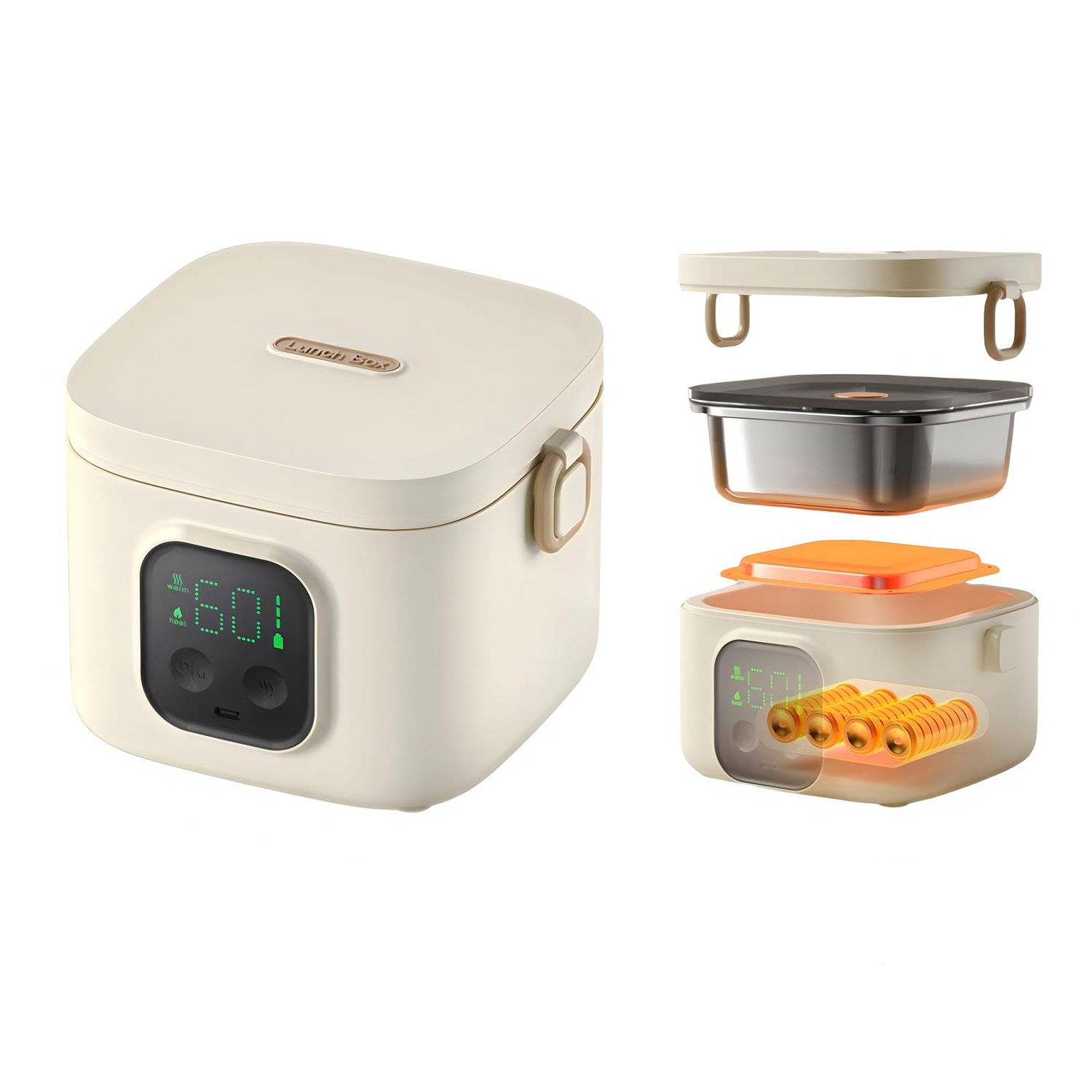 Kabellose Elektrische Lunchbox, Wiederaufladbare 14000mAh Batterieangetriebene Beheizte Lunchbox mit Warmhaltefunktion, Tragbarer Speisenwärmer mit Selbstheizender Schüssel für Unterwegs
