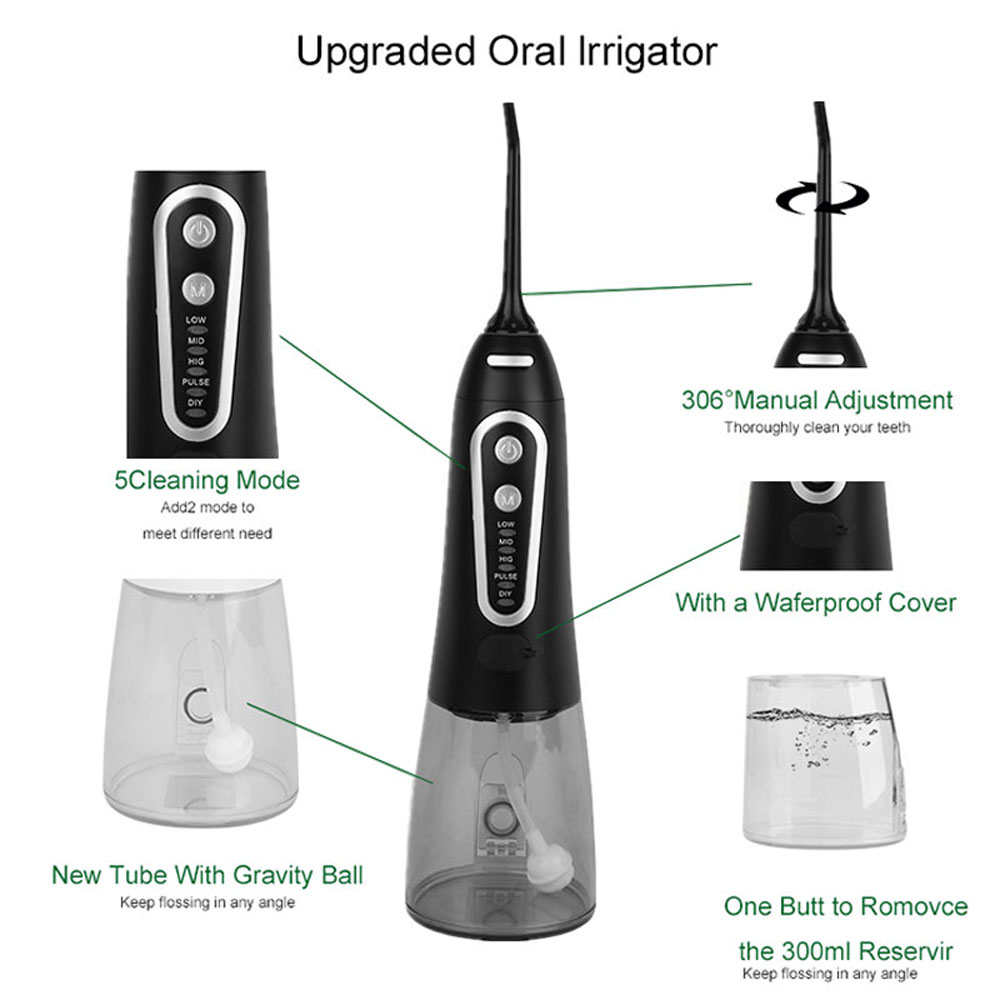 Oraler Irrigator Kabellos Elektrisch mit 5 Modi und 6 Düsen Wasser Flosser IPX7 Wasserdicht USB Aufladung 300 ml Zahnreiniger für Zuhause Reisen (Schwarz)