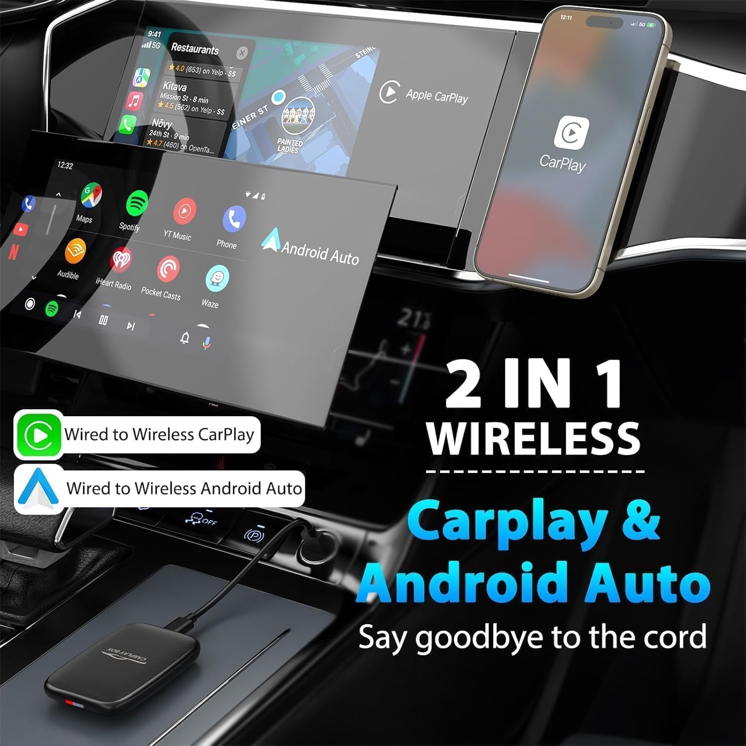 3 in 1 Wireless CarPlay Adapter 2025 Aufgerüstet, Kabelloser CarPlay und Android Auto Adapter Eingebaute Netflix YouTube Unterstützung TF-Karte, Fabrik Car Play Video Box