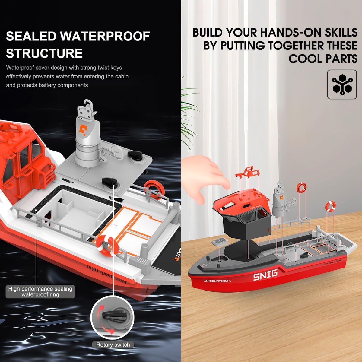 Remote Control Boot für Pool, Remote Control Rettungsboot mit Turbinen-Wasserstrahl/Bürstenloser Antrieb, 2.4Ghz Niedriggeschwindigkeitsmodellschiff für Kinder (Weiß Orange)